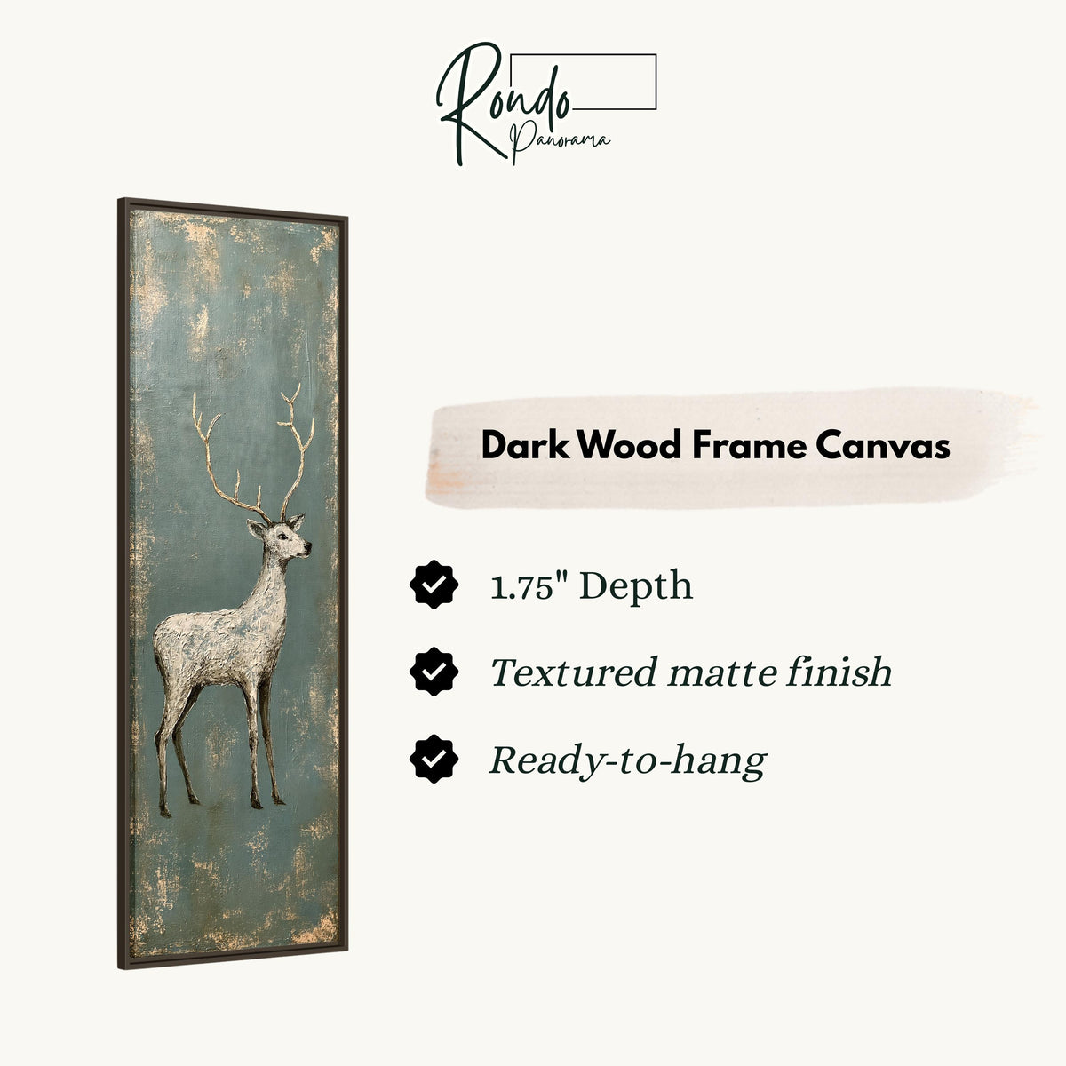 Pale stag with gold antlers on distressed teal canvas print in a dark wood floating frame
