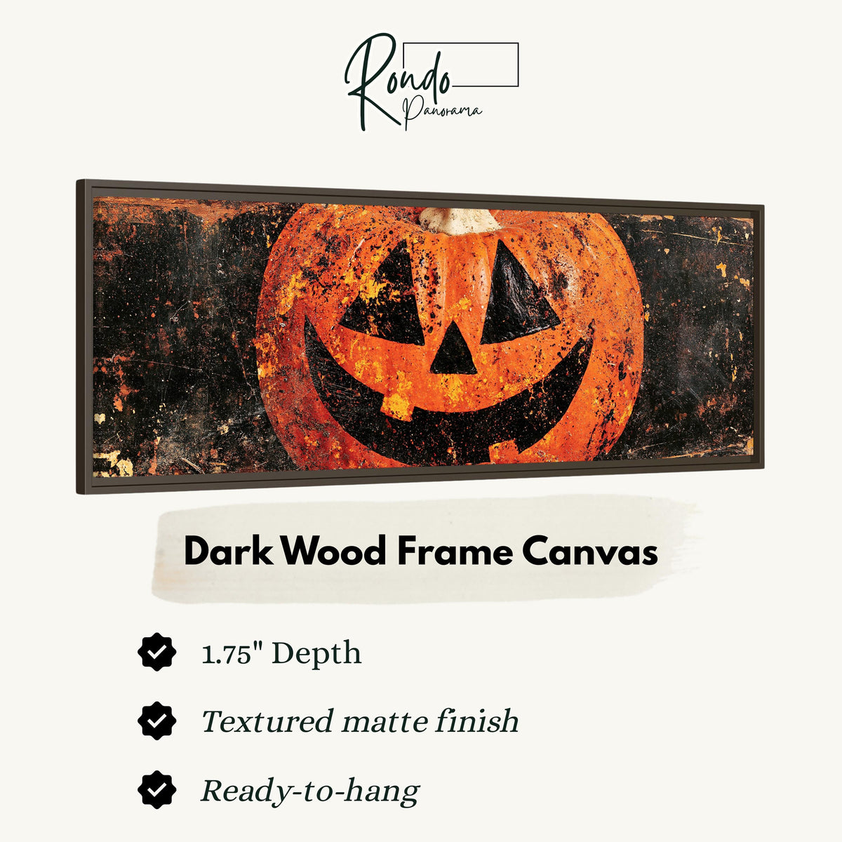 Rustic distressed jack-o'-lantern canvas print in a dark wood floating frame