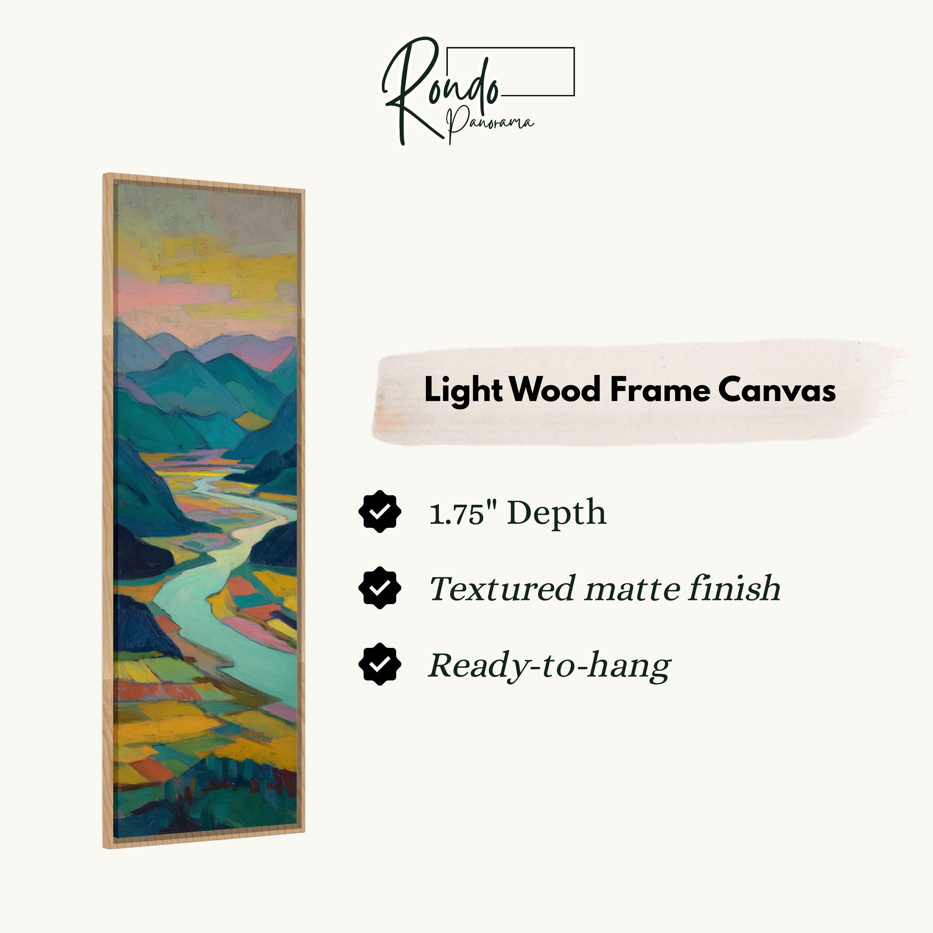 The image is a light wood frame canvas depicting a landscape with mountains and a river.