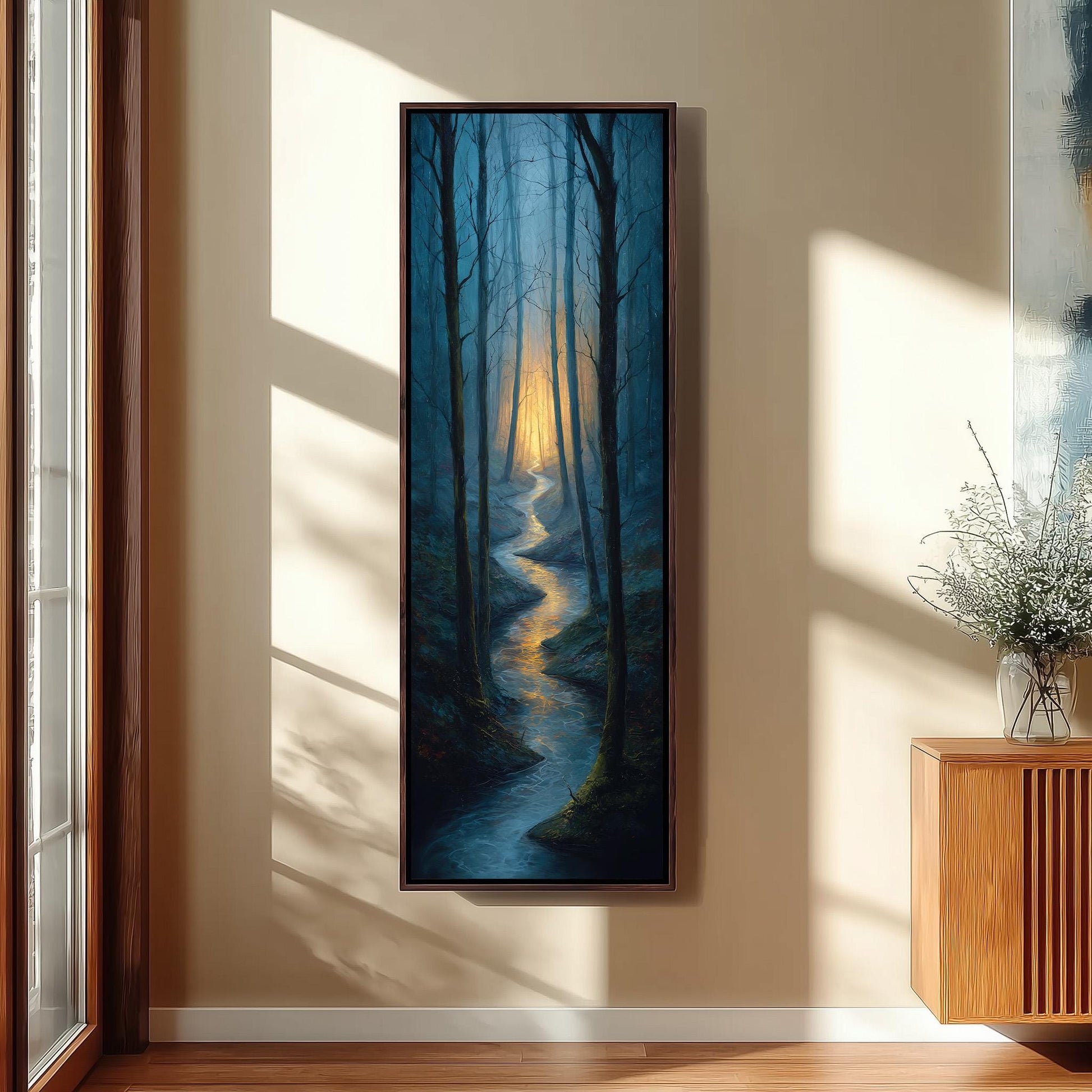 a large painting of a forest scene with a winding path leading through the trees, illuminated by a warm glow from the sun shining through the branches.