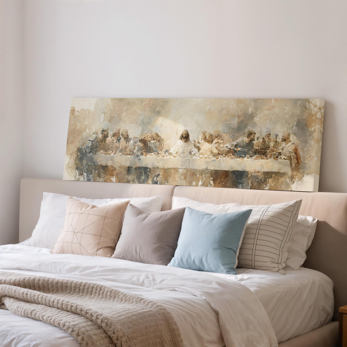 The Last Supper in soft gold tones wide panoramic canvas print above a bed in a bedroom