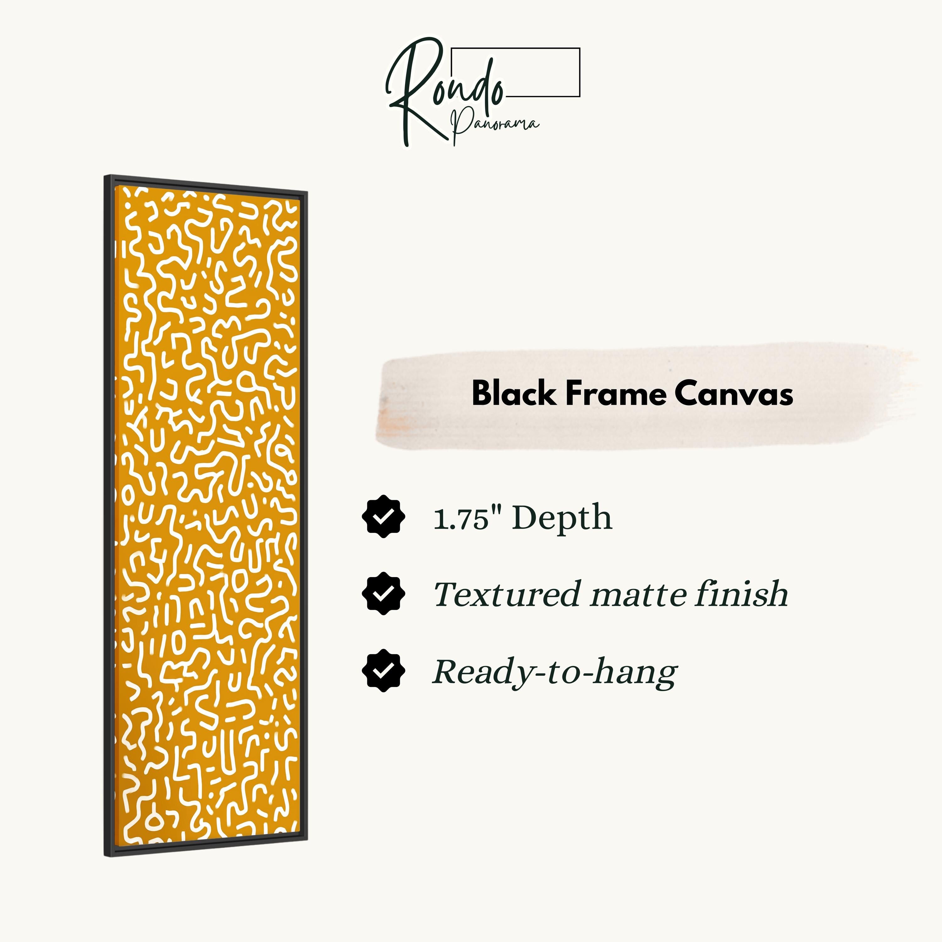 The image is a product description for a black frame canvas. It features a black frame with a textured matte finish and a 1.75" depth. The canvas is ready to hang.