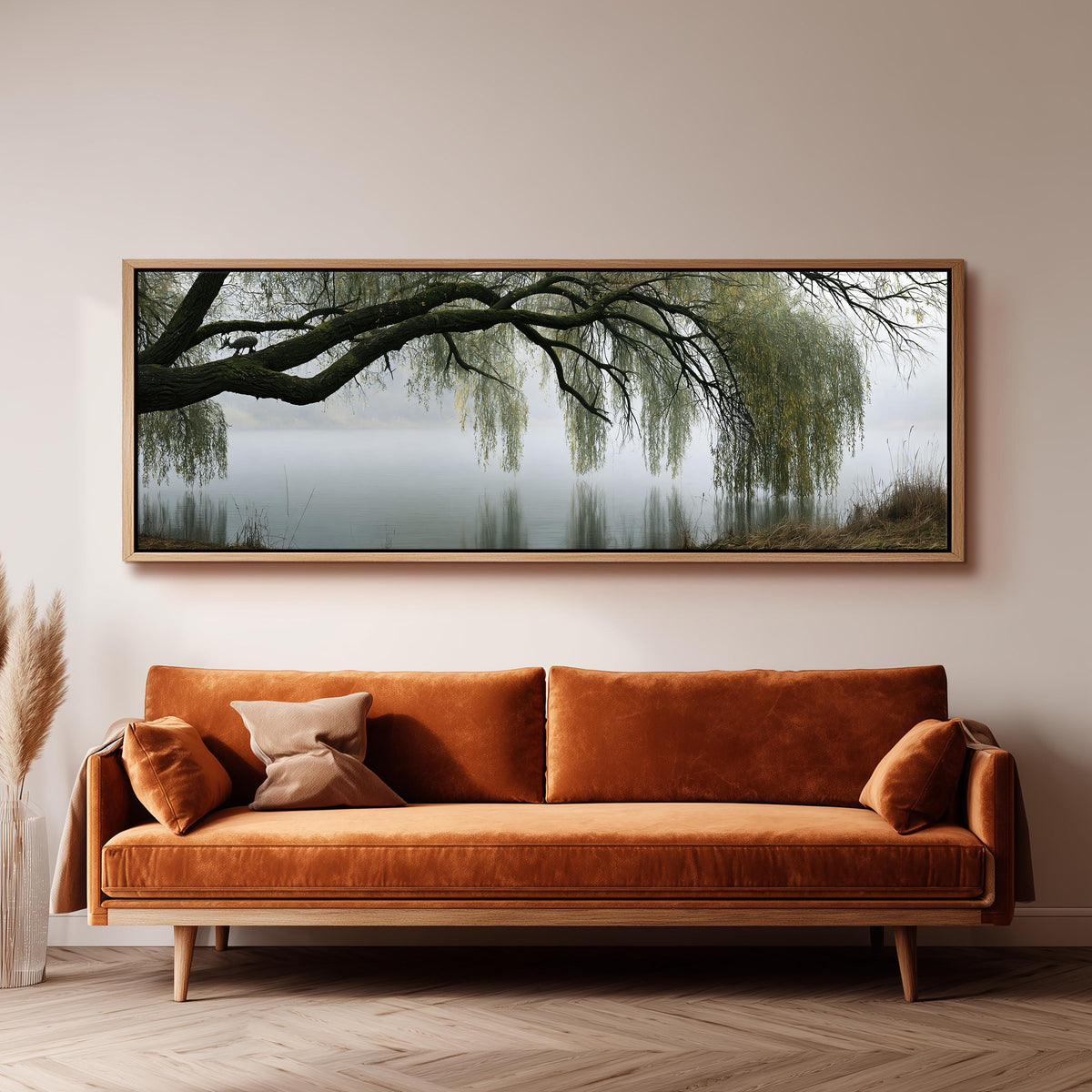 Weeping willow over a misty lake wide panoramic canvas print above a bench in a dark living room