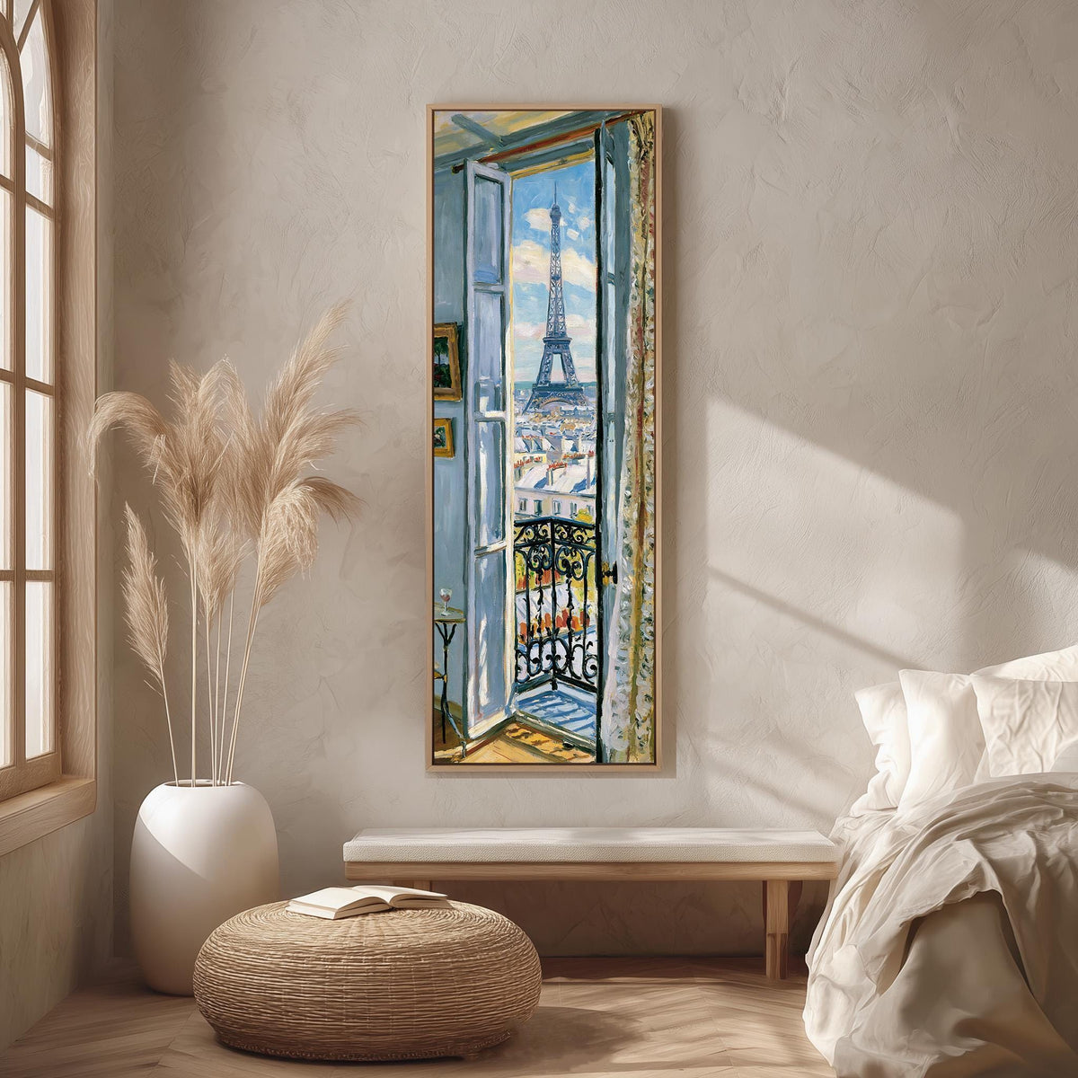 Eiffel Tower through a tall blue window long vertical canvas print in a bright reading corner