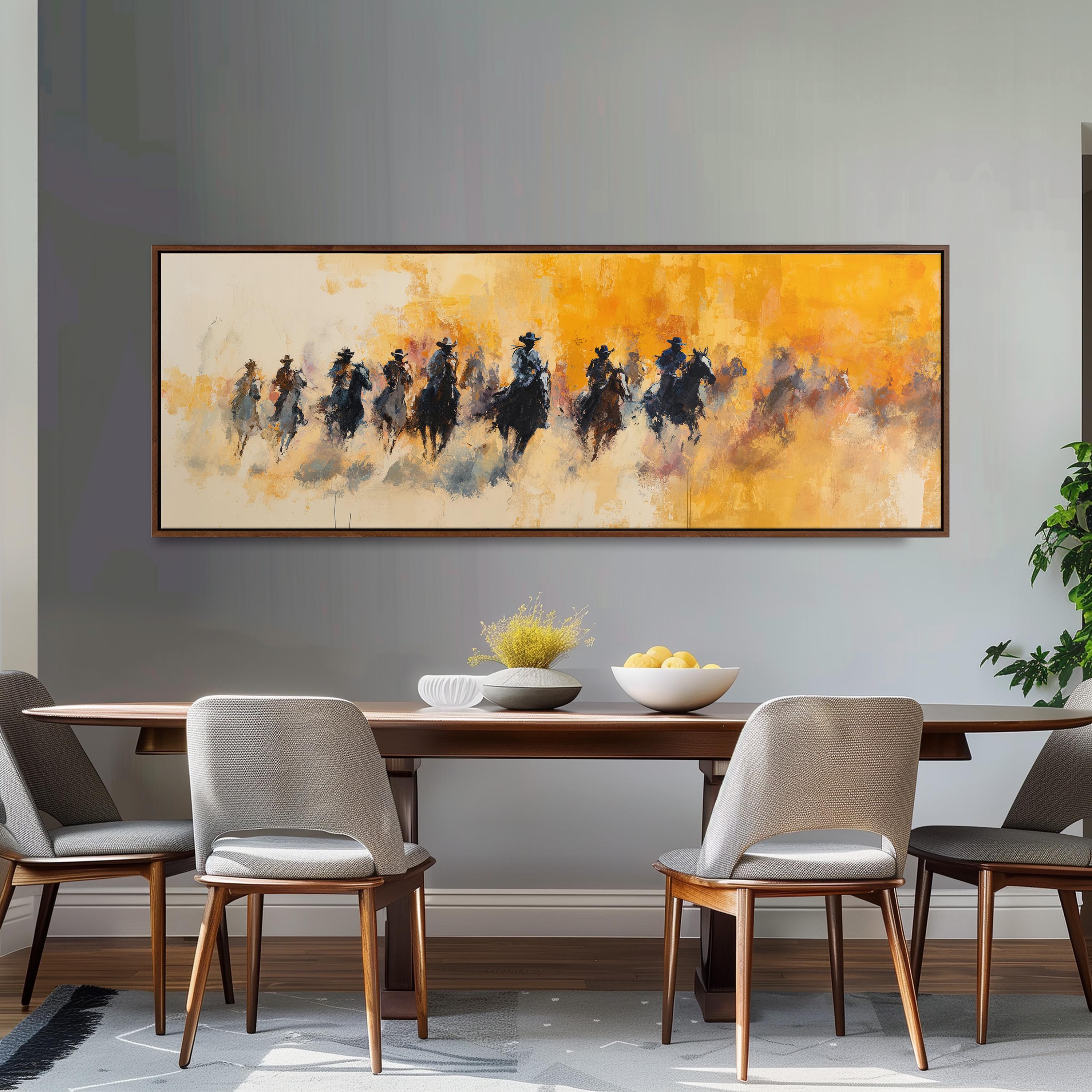 a dining room with a large painting of a group of people on horses hanging on the wall above a wooden dining table with four chairs.