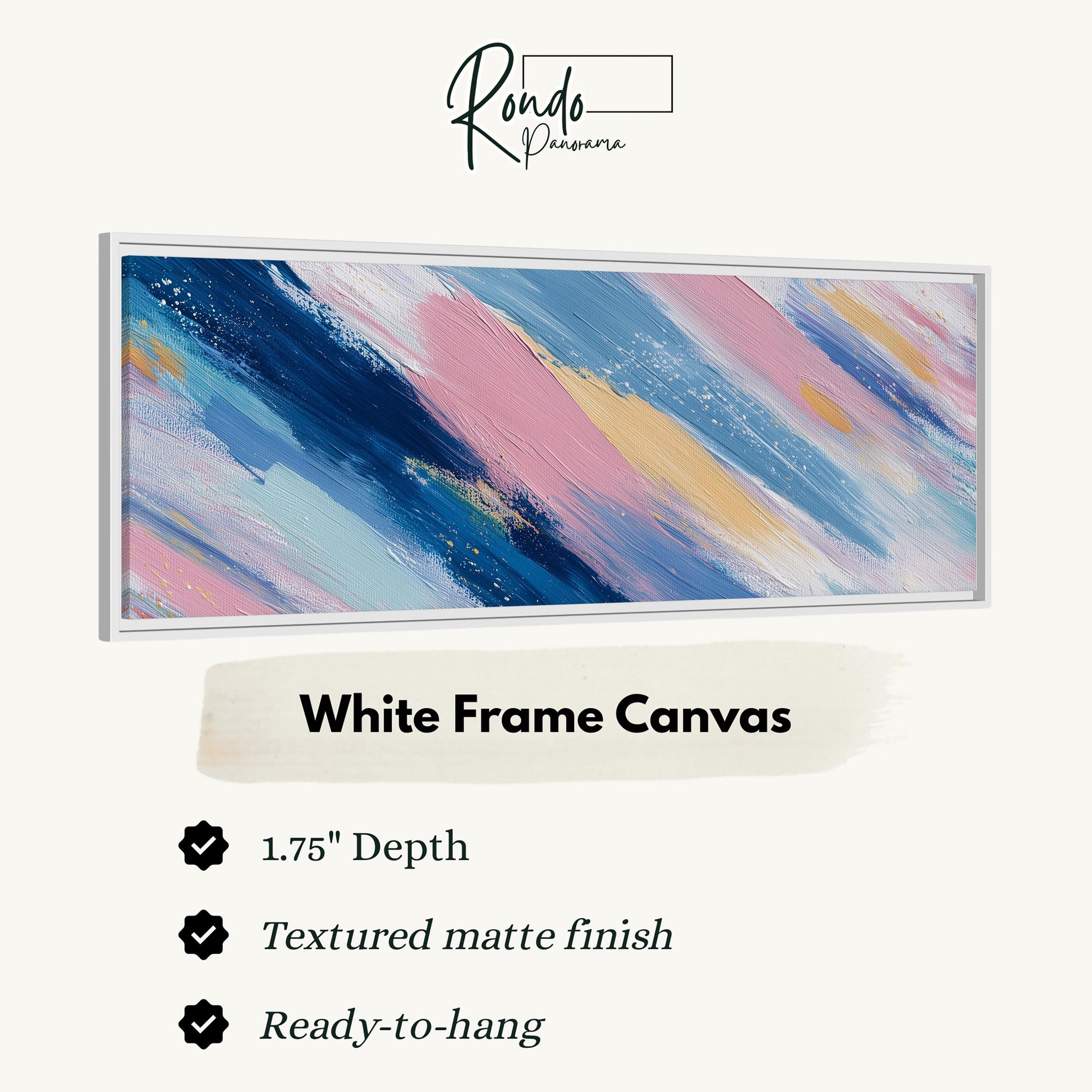 The image is a white frame canvas with a textured matte finish, measuring 1.75" in depth. It is ready to hang and has a textured matte finish.