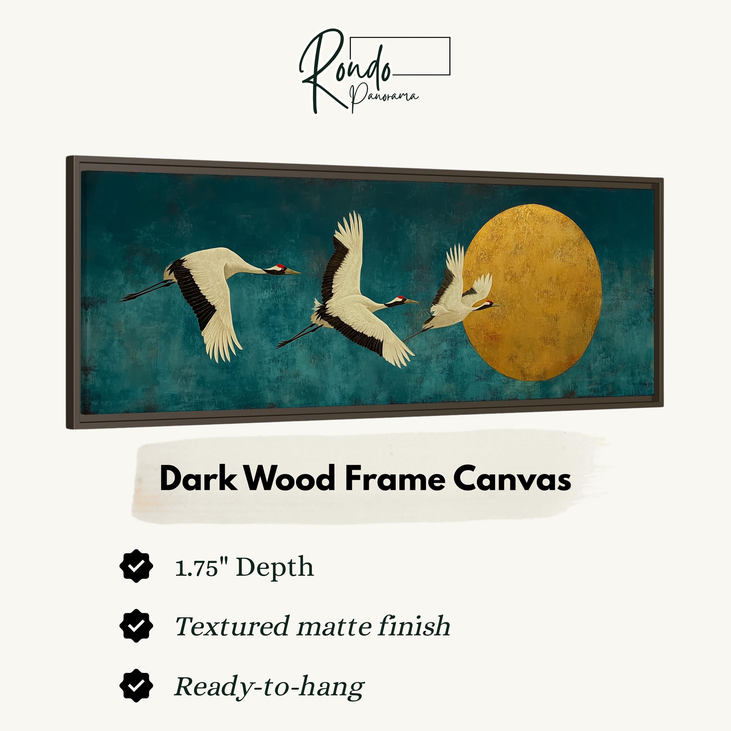 a dark wood frame canvas with a painting of three white birds in flight against a blue background. The painting is set against a large yellow circle, creating a striking contrast. The frame has a 1.75" depth and is textured, providing a smooth finish. It is ready to hang and is described as a "Dark Wood Frame Canvas".