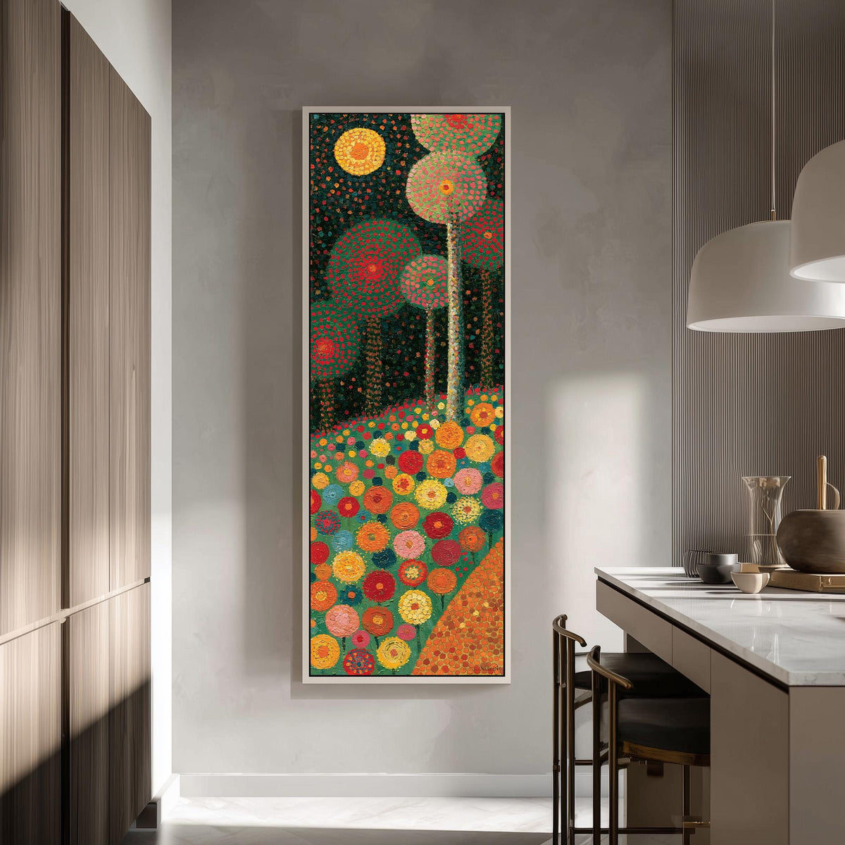 Moody dotted flower garden tall skinny canvas print in a modern kitchen