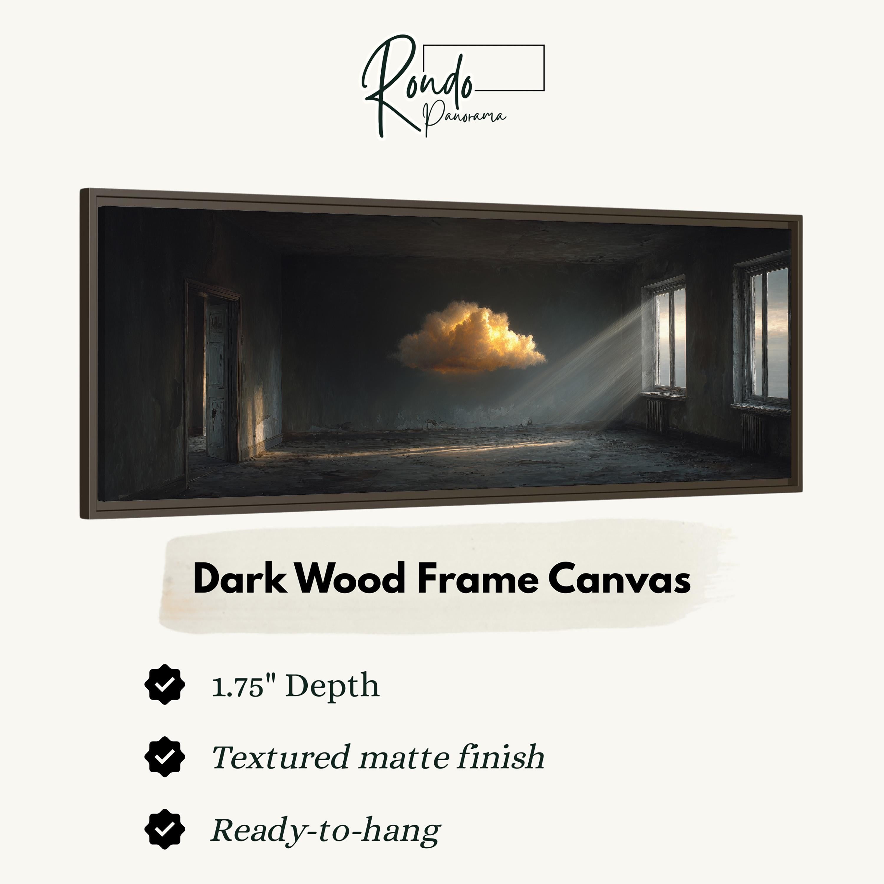 The image is a dark wood frame canvas depicting an open, empty room with a large, glowing cloud in the center, creating a dramatic and atmospheric scene.