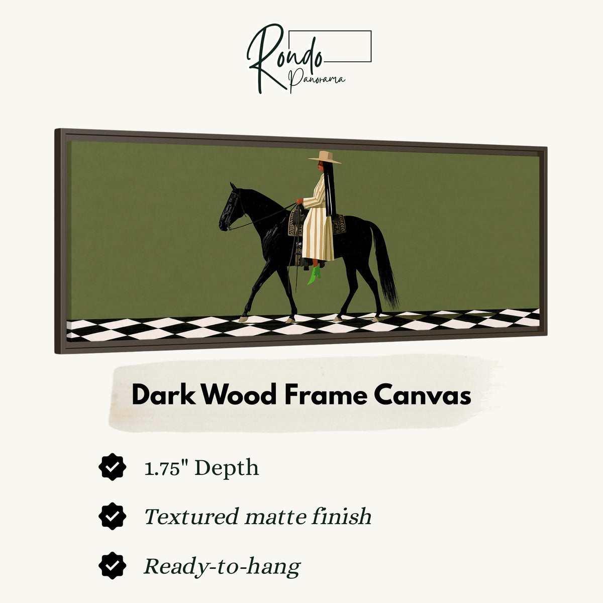 Woman riding a black horse on a checkerboard canvas print in a dark wood floating frame