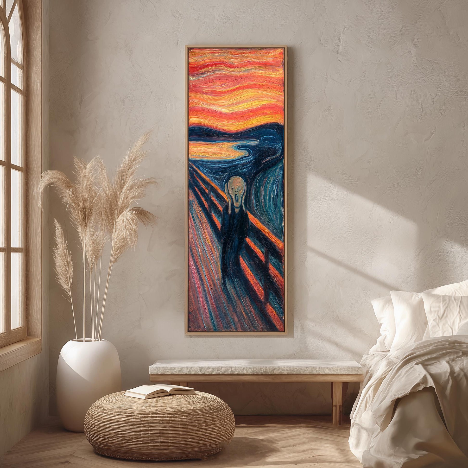 a large painting of Edvard Munch's "The Scream" hanging on a wall in a room with a bed, a potted plant, and a woven ottoman.