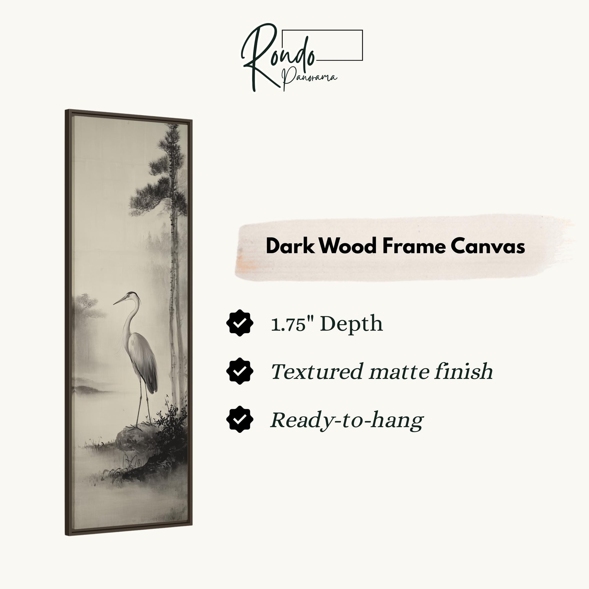 The image is a black and white photograph of a tall, thin tree with a bird perched on one of its branches. The image is described as a "Dark Wood Frame Canvas" and features a 1.75" depth, a textured matte finish, and a ready-to-hang feature.