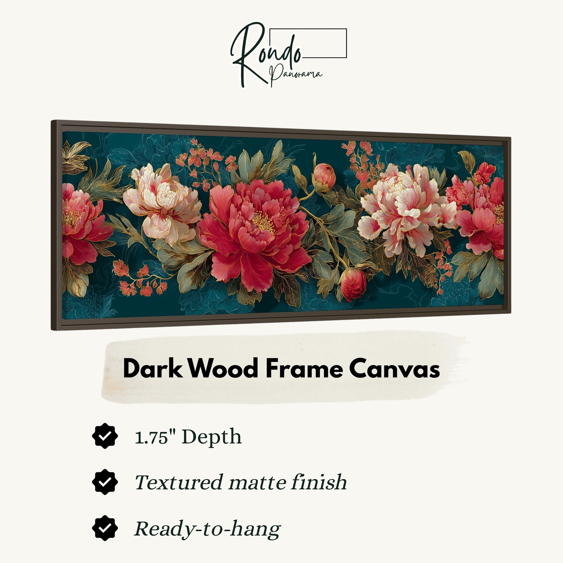 The image is a framed artwork featuring a floral design with red and pink flowers against a dark green background.