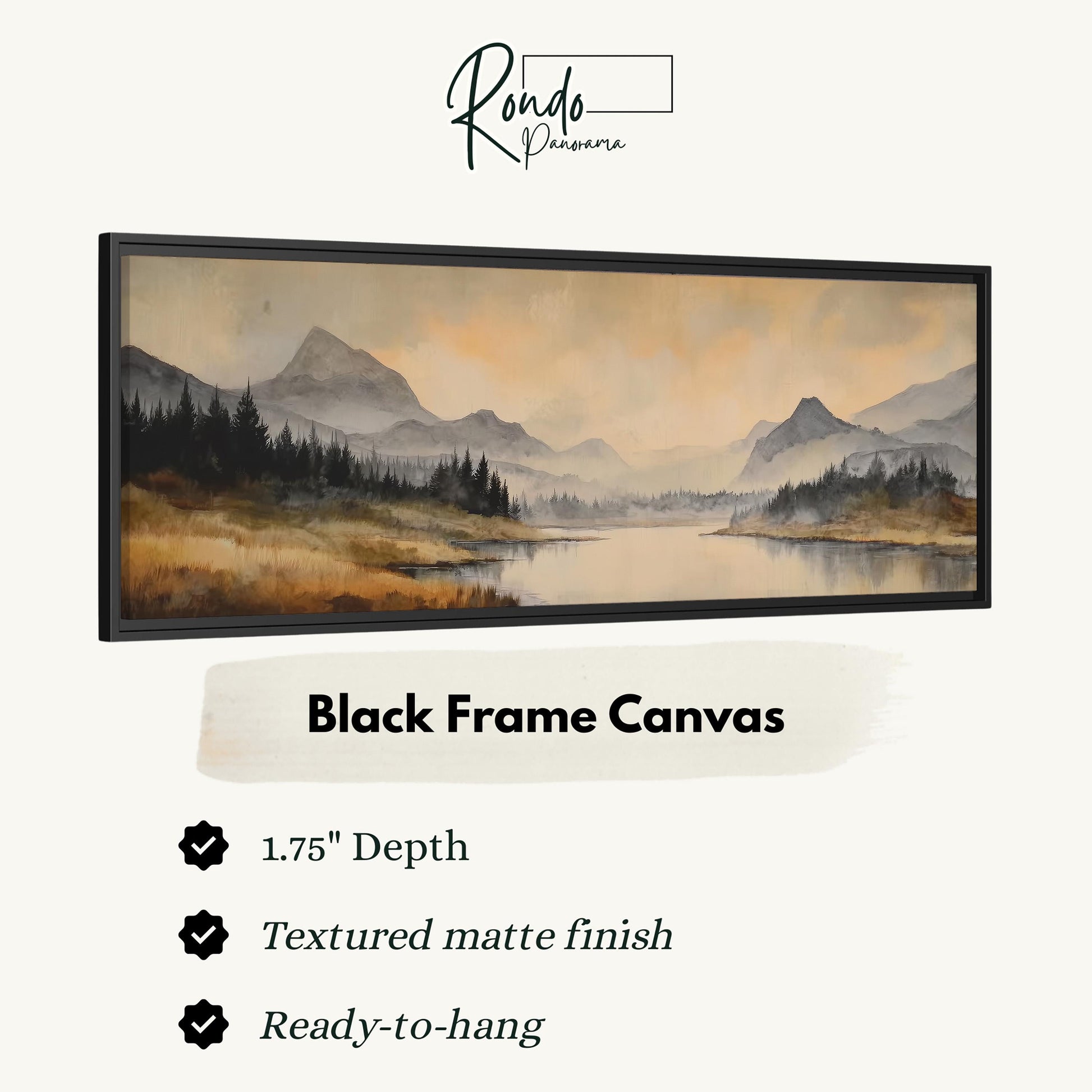 The image is a black frame canvas depicting a landscape with mountains, trees, and a lake.