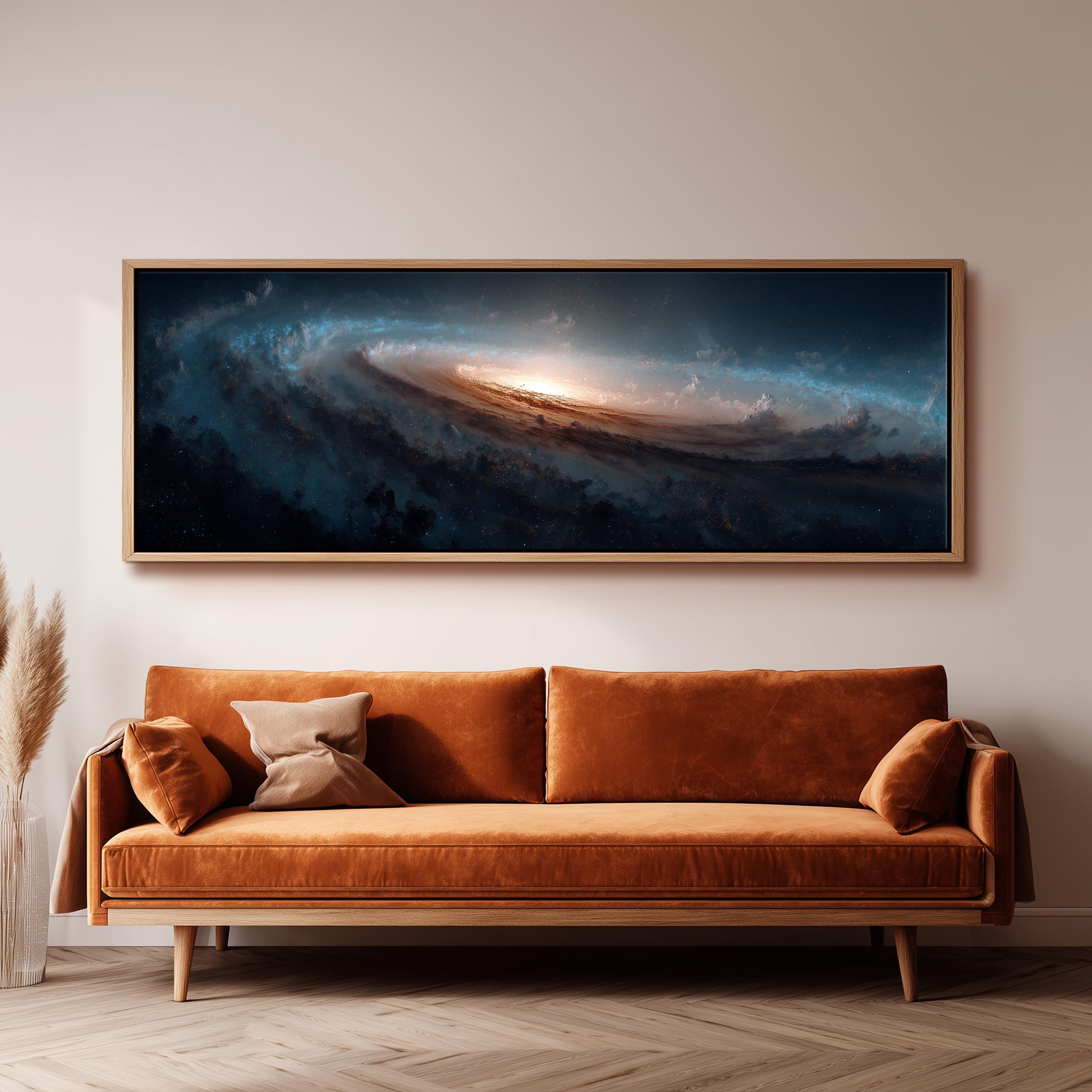 a large, framed painting of a swirling galaxy hanging on a wall above a brown sofa with orange cushions.