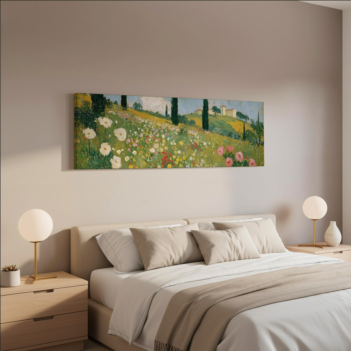 Tuscan wildflower hillside with cypress trees wide panoramic canvas print above a bed in a neutral bedroom