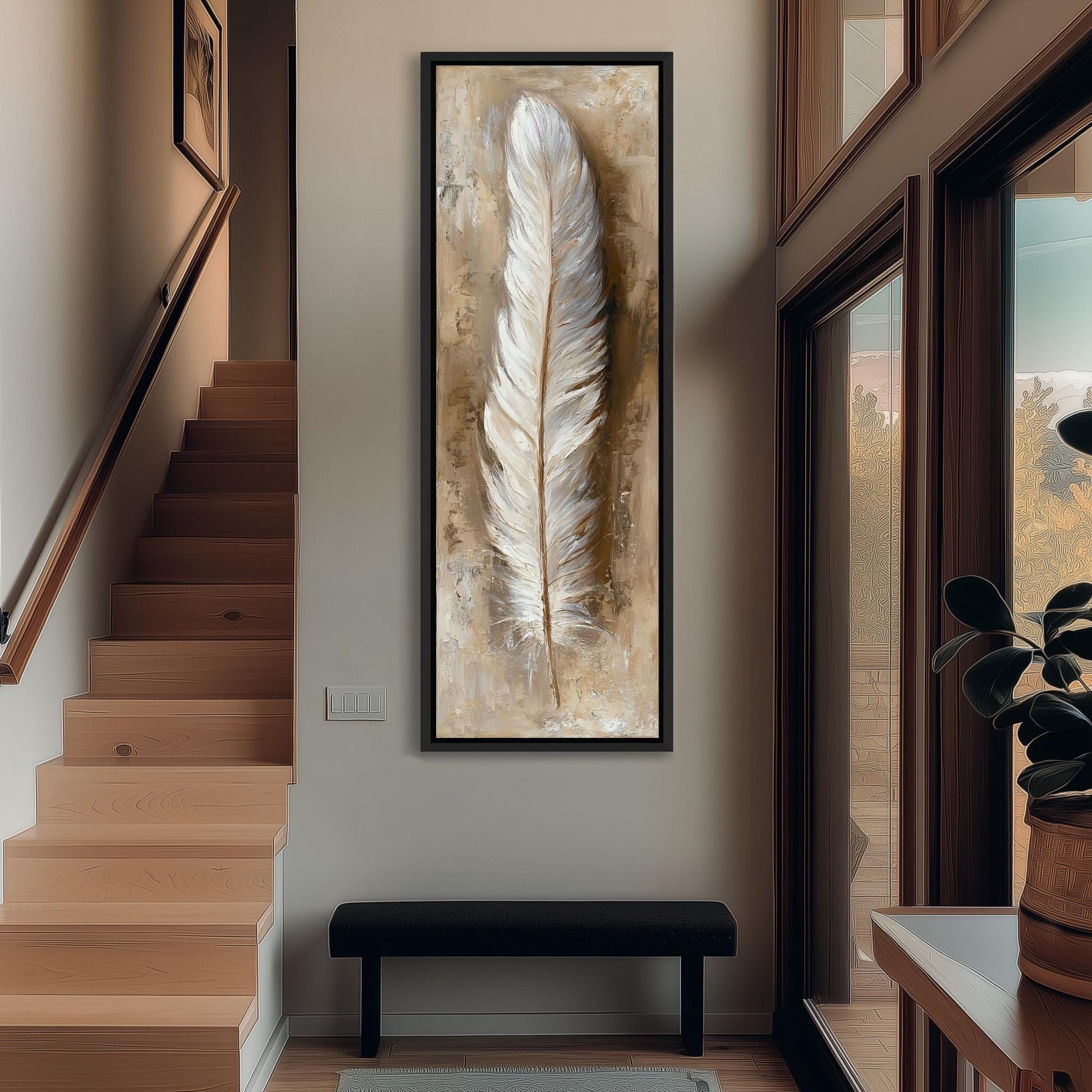 a large, framed painting of a feather hanging on the wall of a hallway.