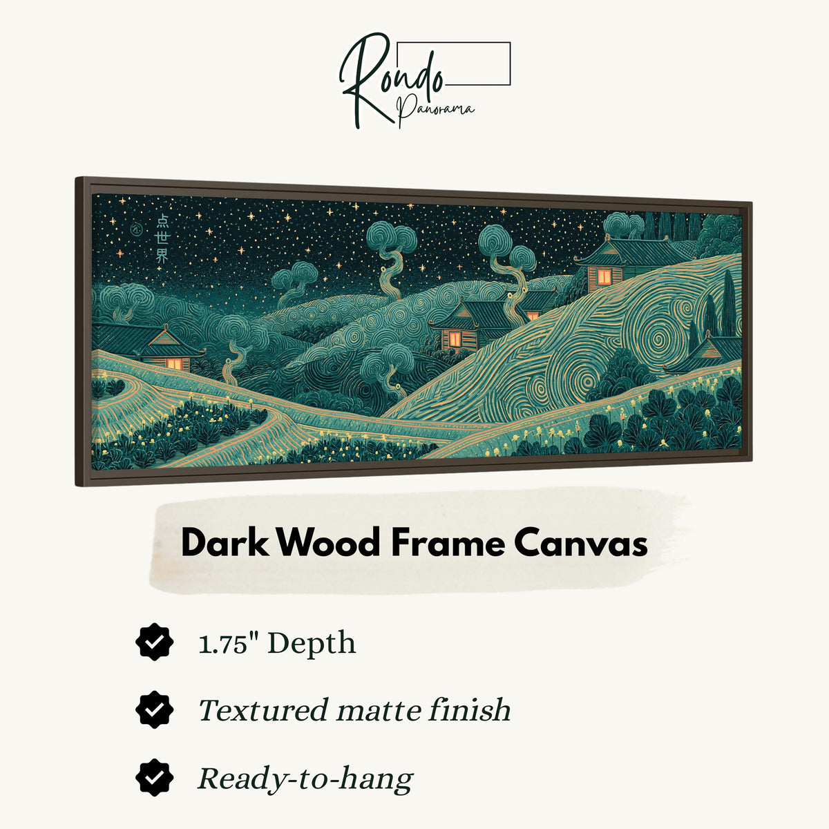 Village on swirling hills at night canvas print in a dark wood floating frame