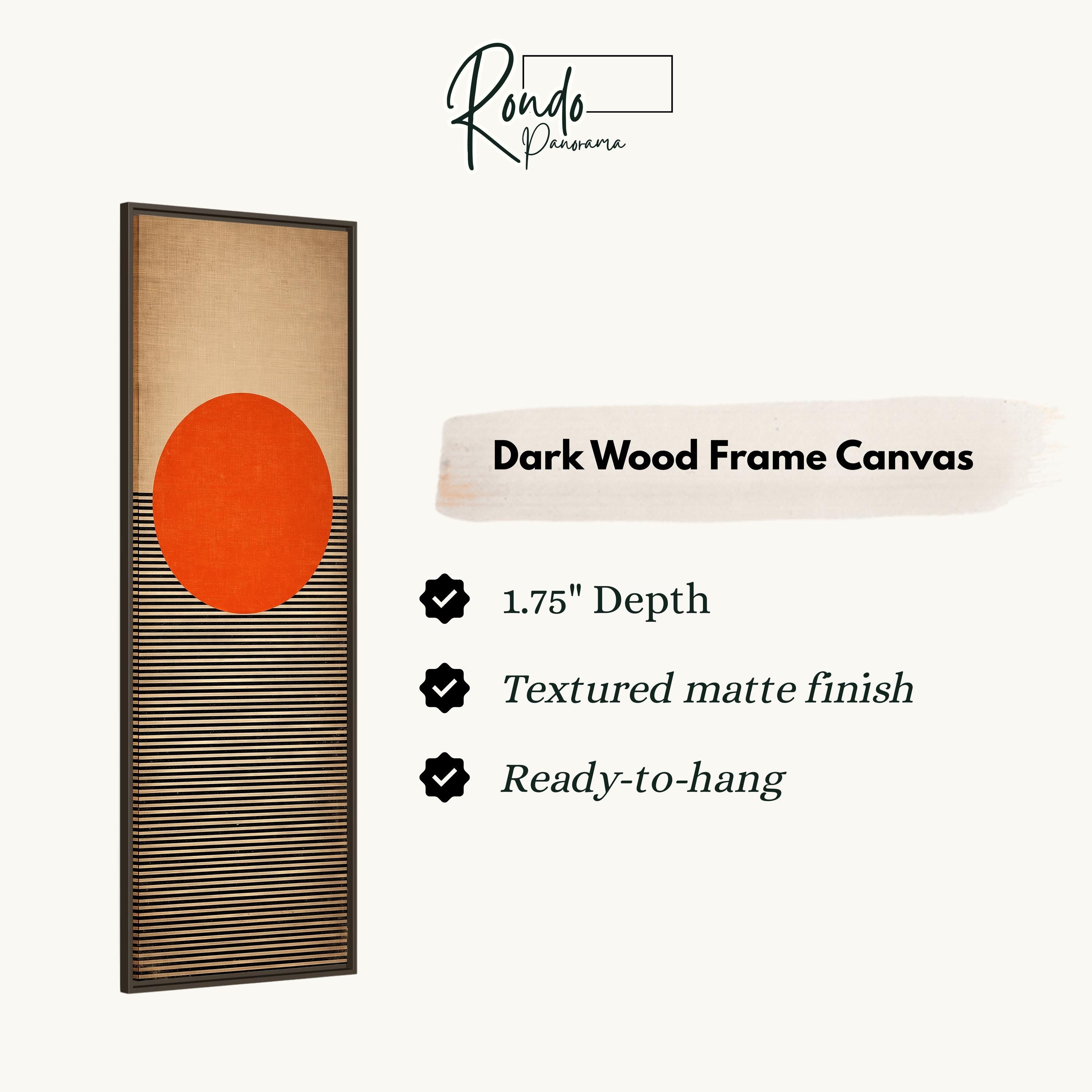 The image is a product description for a dark wood frame canvas. It features a rectangular frame with a bold orange circle on a striped background. The canvas has a 1.75" depth, a textured matte finish, and is ready to hang.