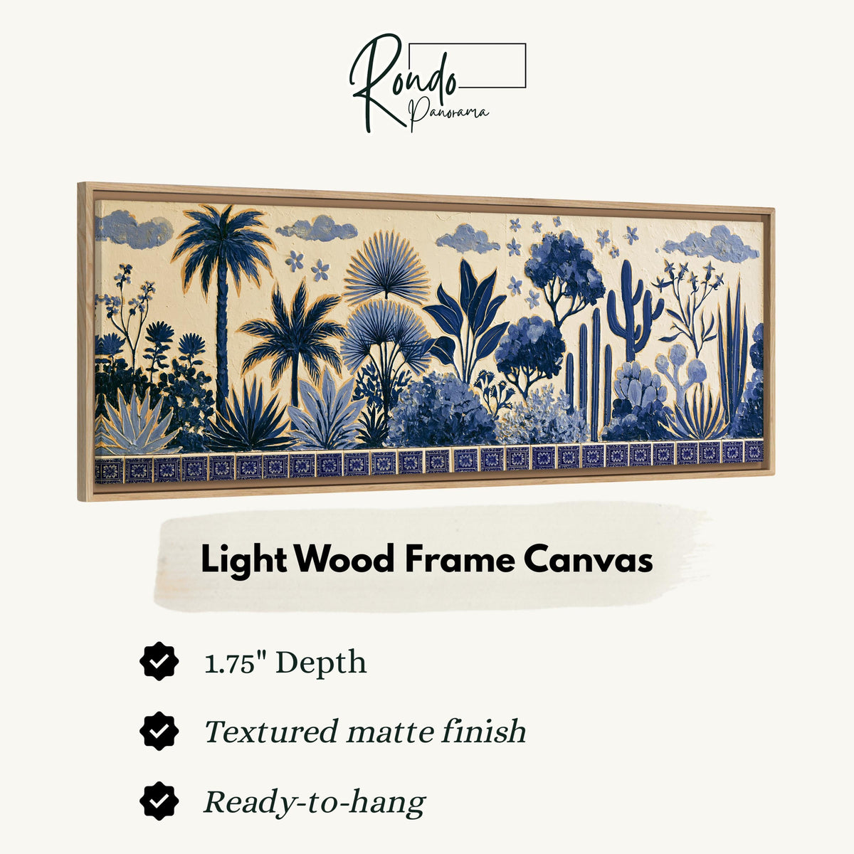 Blue palms, cacti and flowers pattern canvas print in a light wood floating frame