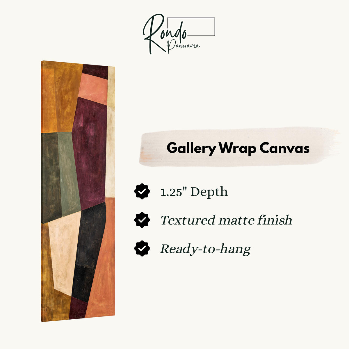 Angular blocks in mustard, maroon and blush gallery wrap canvas with the image wrapped around the edges