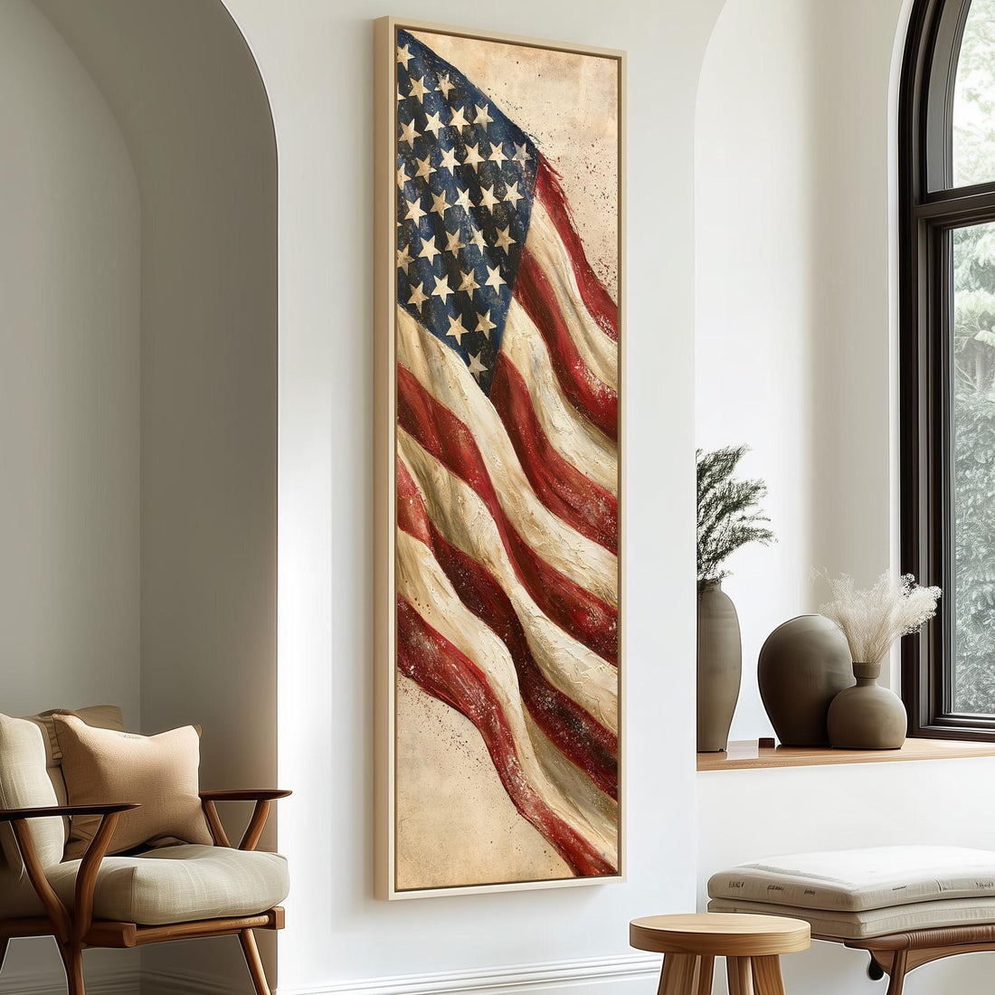 Textured waving American flag long vertical canvas print in a sunlit living space