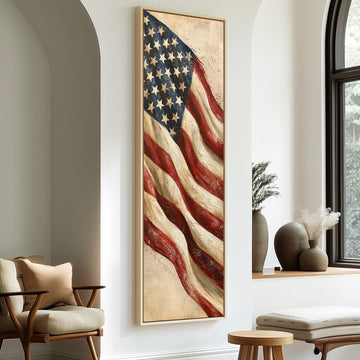 Textured waving American flag long vertical canvas print in a sunlit living space