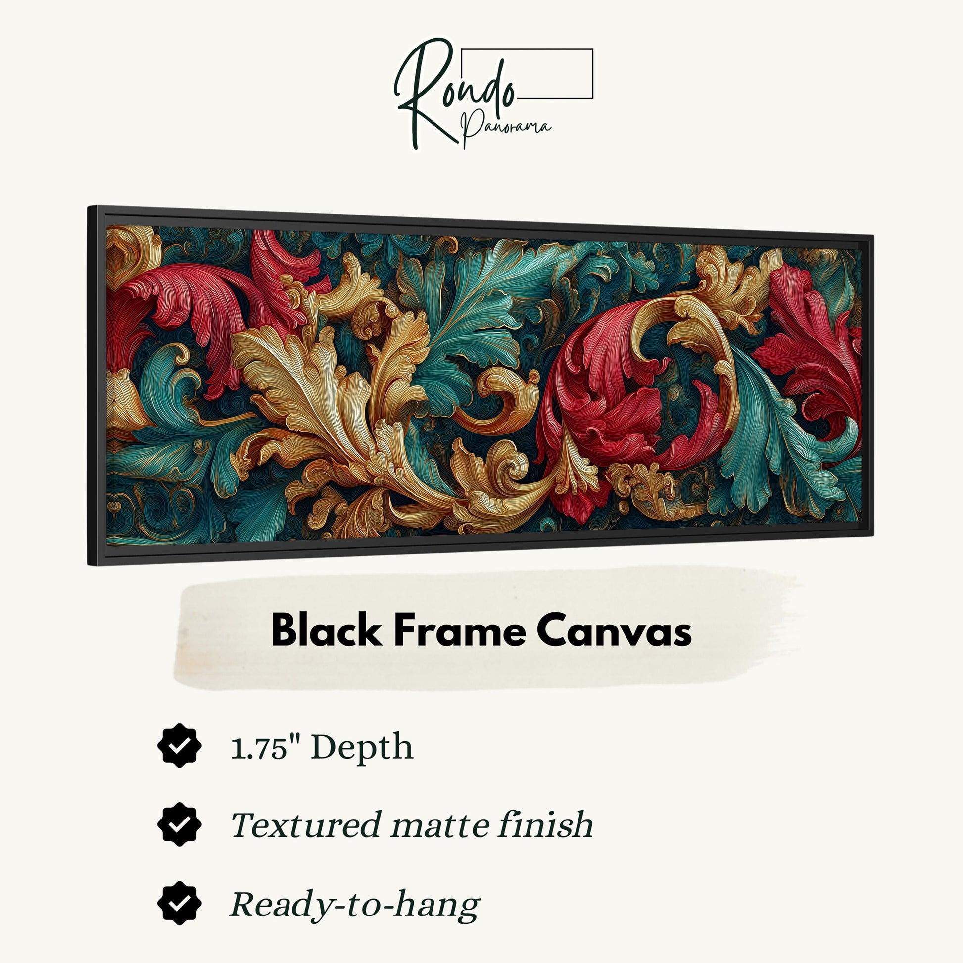 a black frame canvas with a detailed, ornate floral design in shades of red, green, and gold.