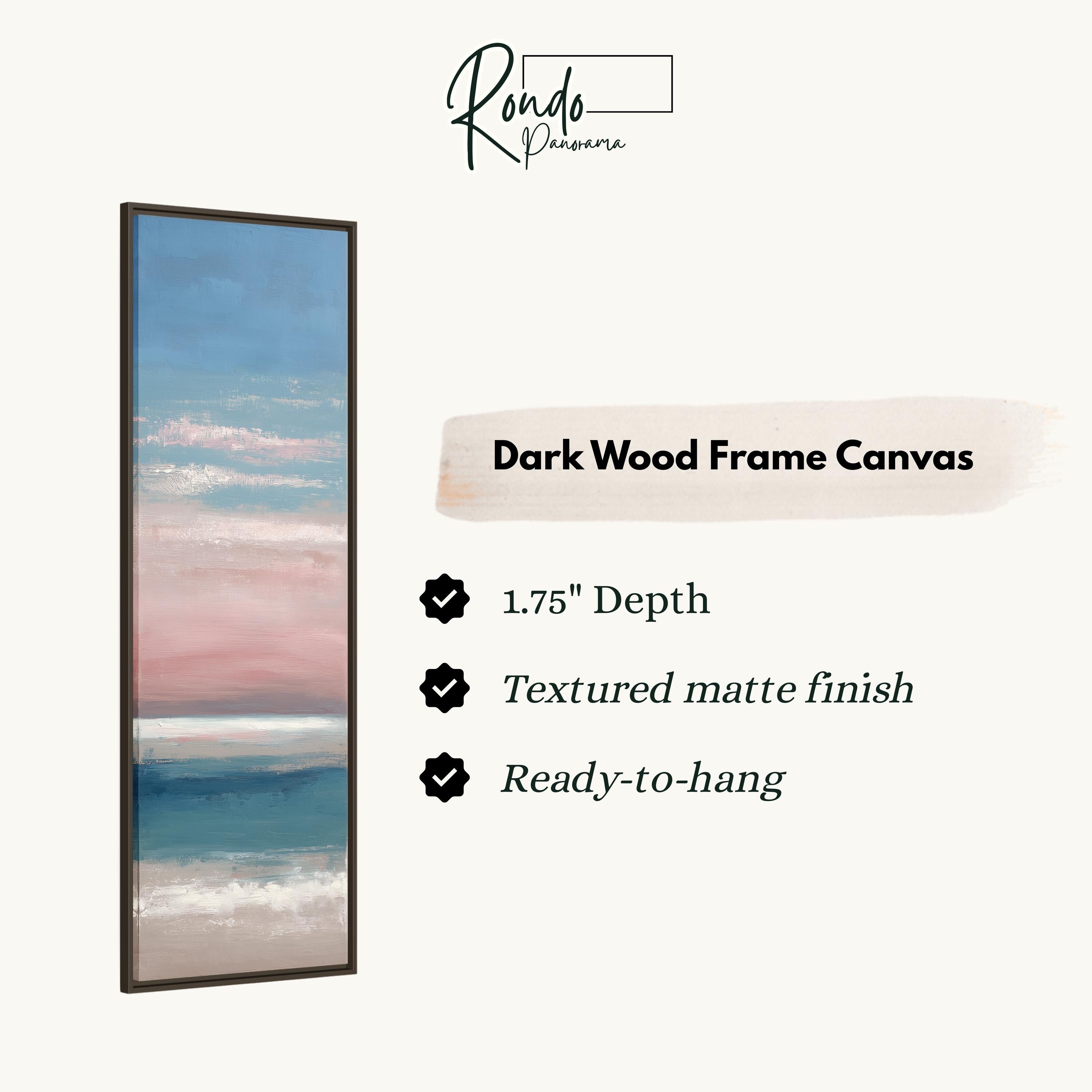 The image is a product description for a dark wood frame canvas. It features a painting of a beach scene with a pink and blue sky. The canvas has a 1.75" depth, is textured with a matte finish, and is ready to hang.