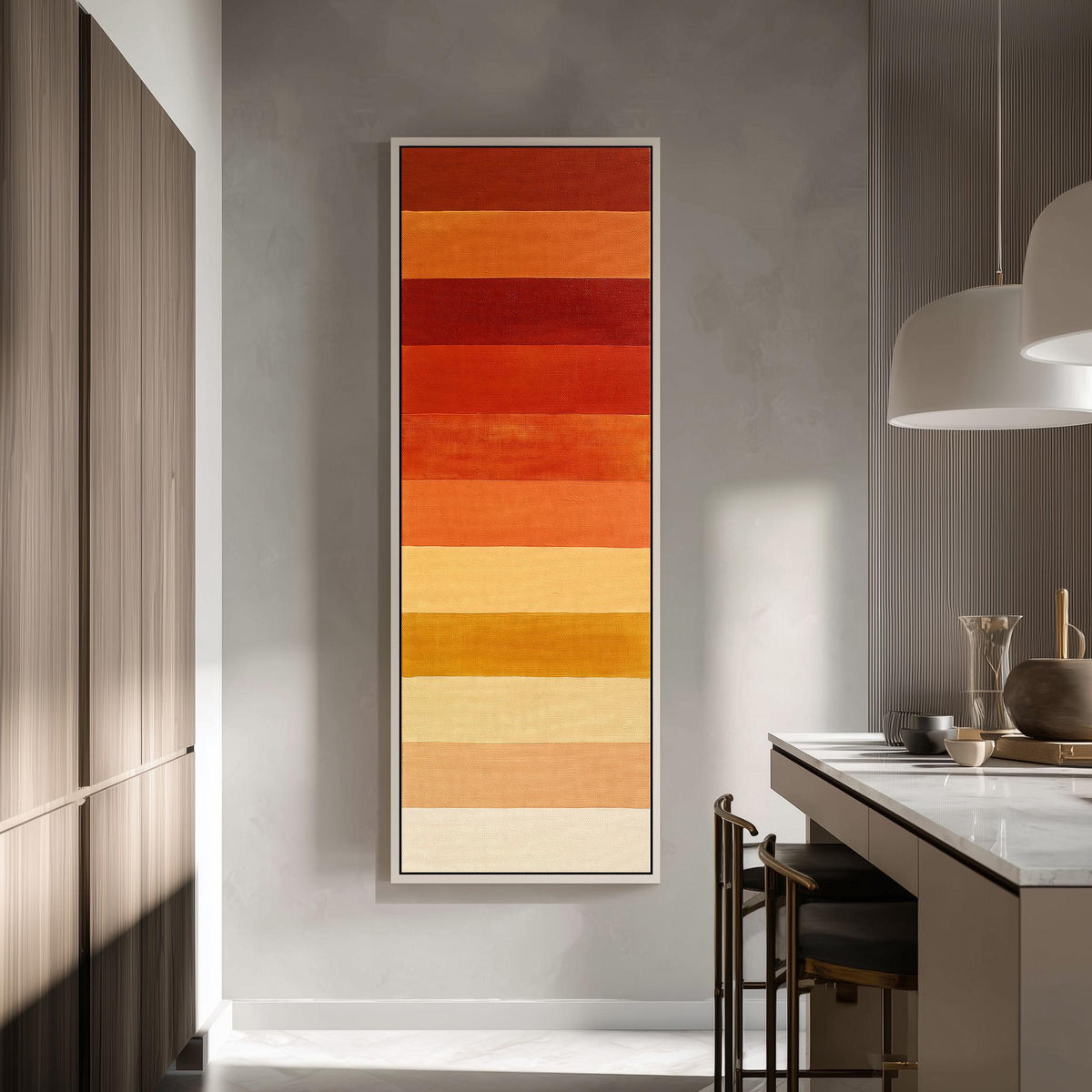 Horizontal stripes from rust to mustard and cream tall skinny canvas print in a modern kitchen