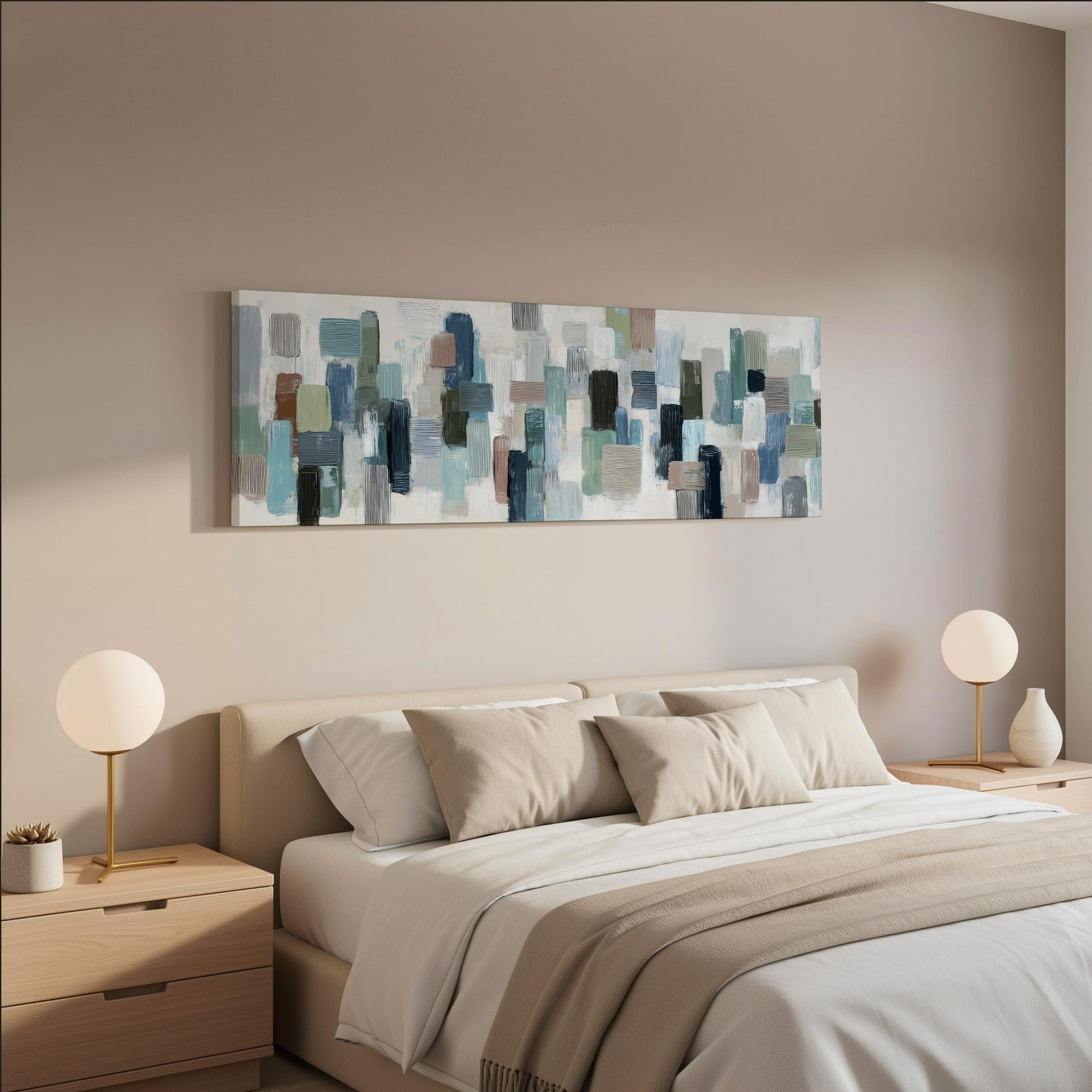 a modern bedroom with a large bed, two nightstands with lamps, and a large abstract painting hanging on the wall above the bed.