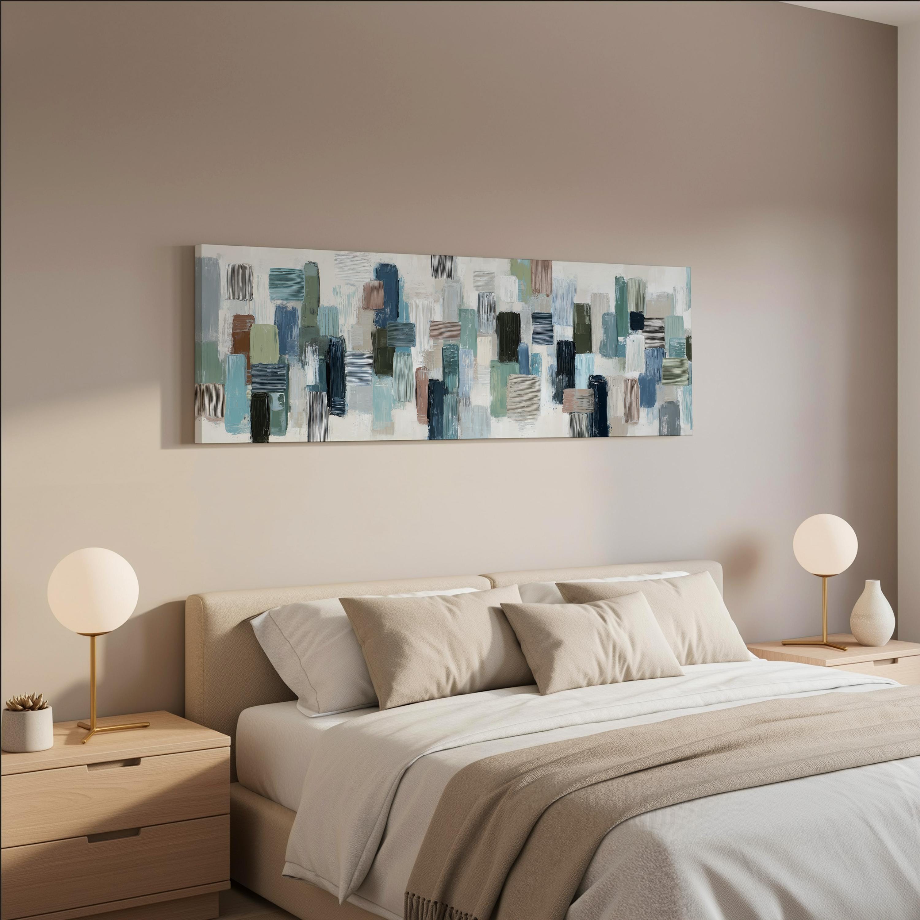 a modern bedroom with a large bed, two nightstands with lamps, and a large abstract painting hanging on the wall above the bed.