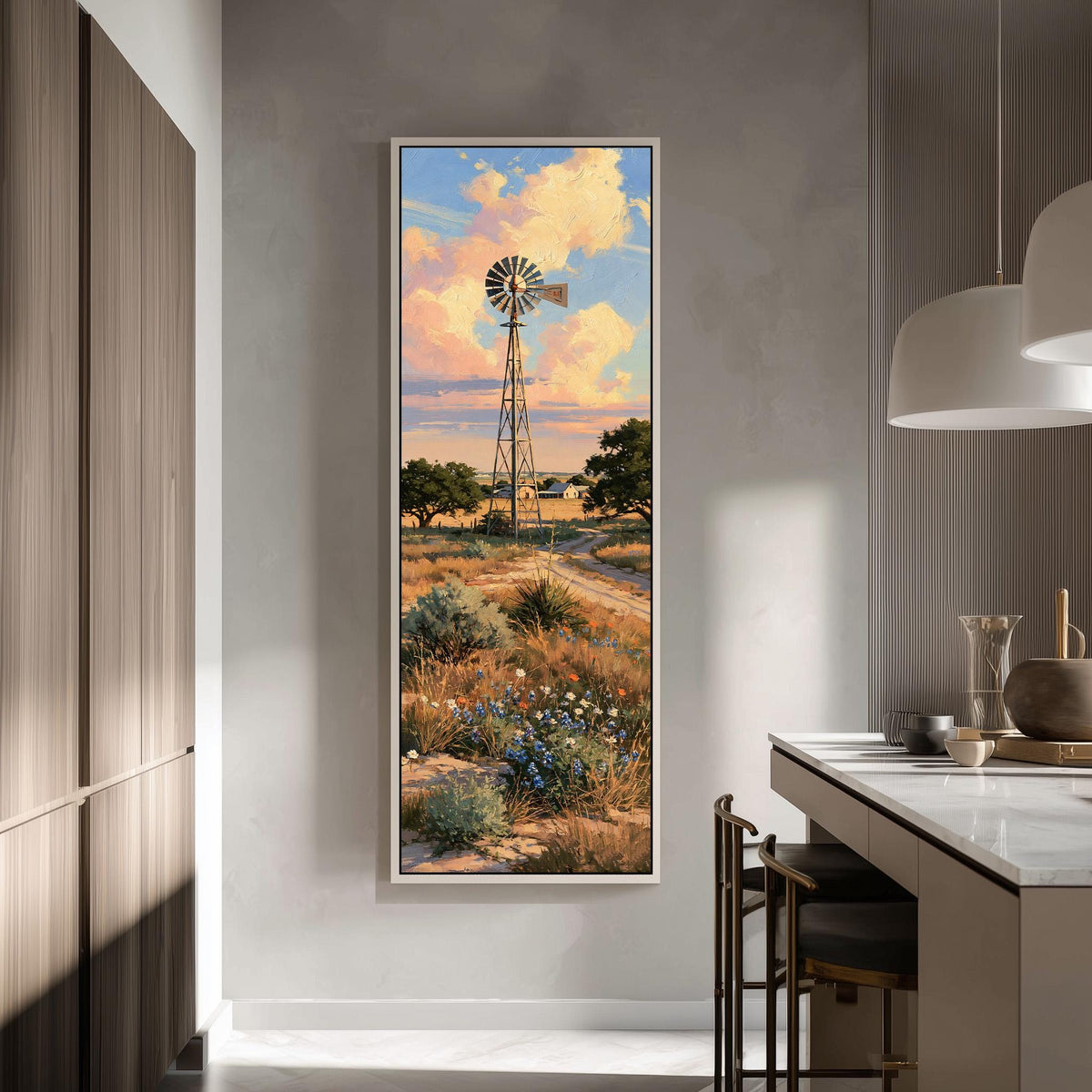 Ranch windmill above bluebonnets at sunset tall skinny canvas print in a modern kitchen