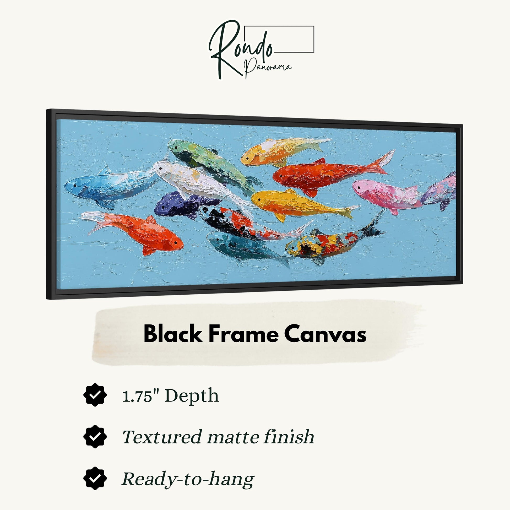 The image is a framed canvas depicting a group of colorful fish swimming in the water.