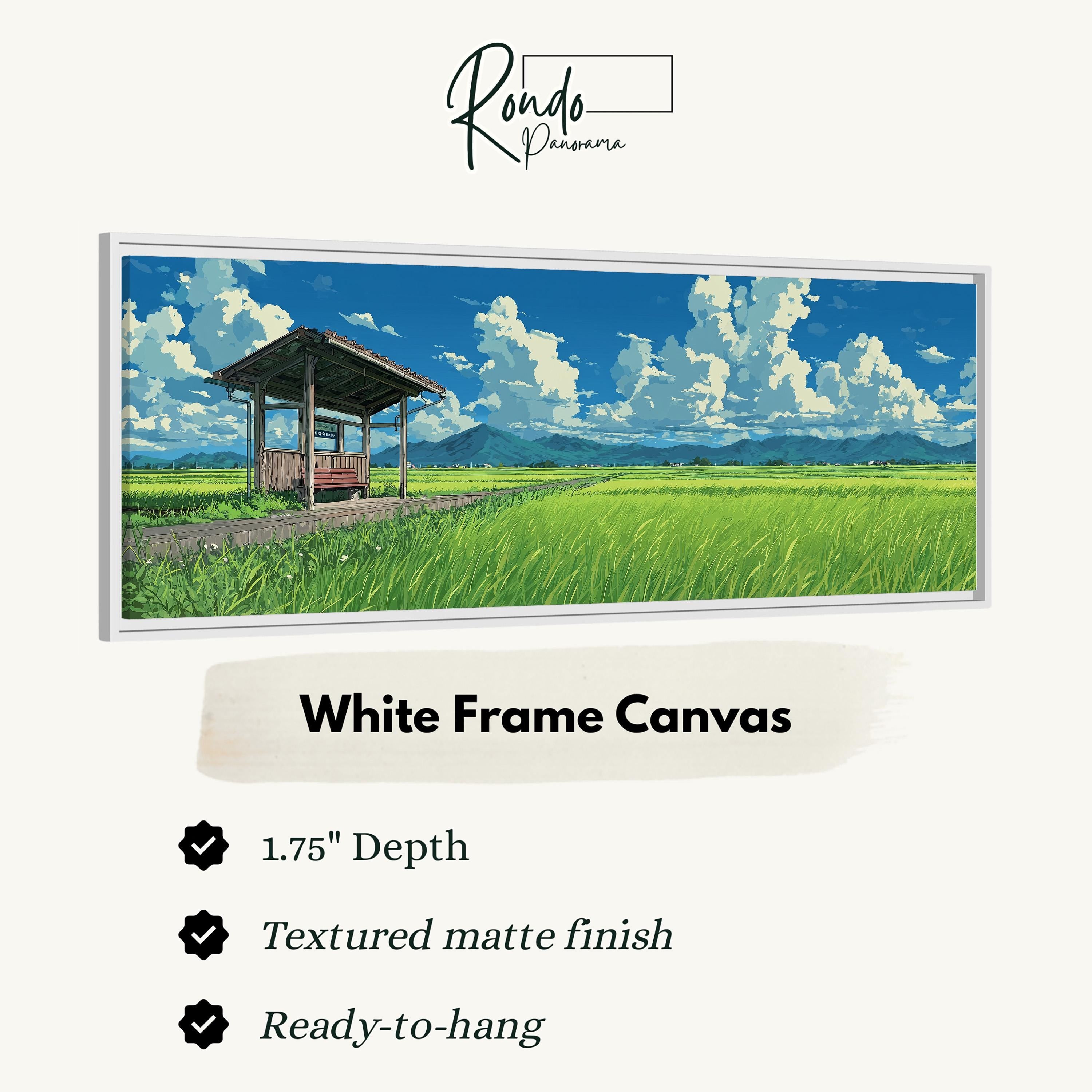 The image is a white frame canvas depicting a rural landscape with a wooden structure, grassy field, and mountains in the background.