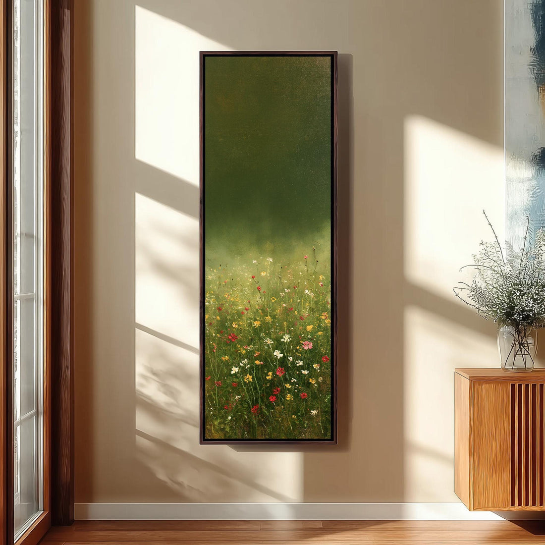 Wildflowers under a stormy green sky long vertical canvas print in a sunlit living space