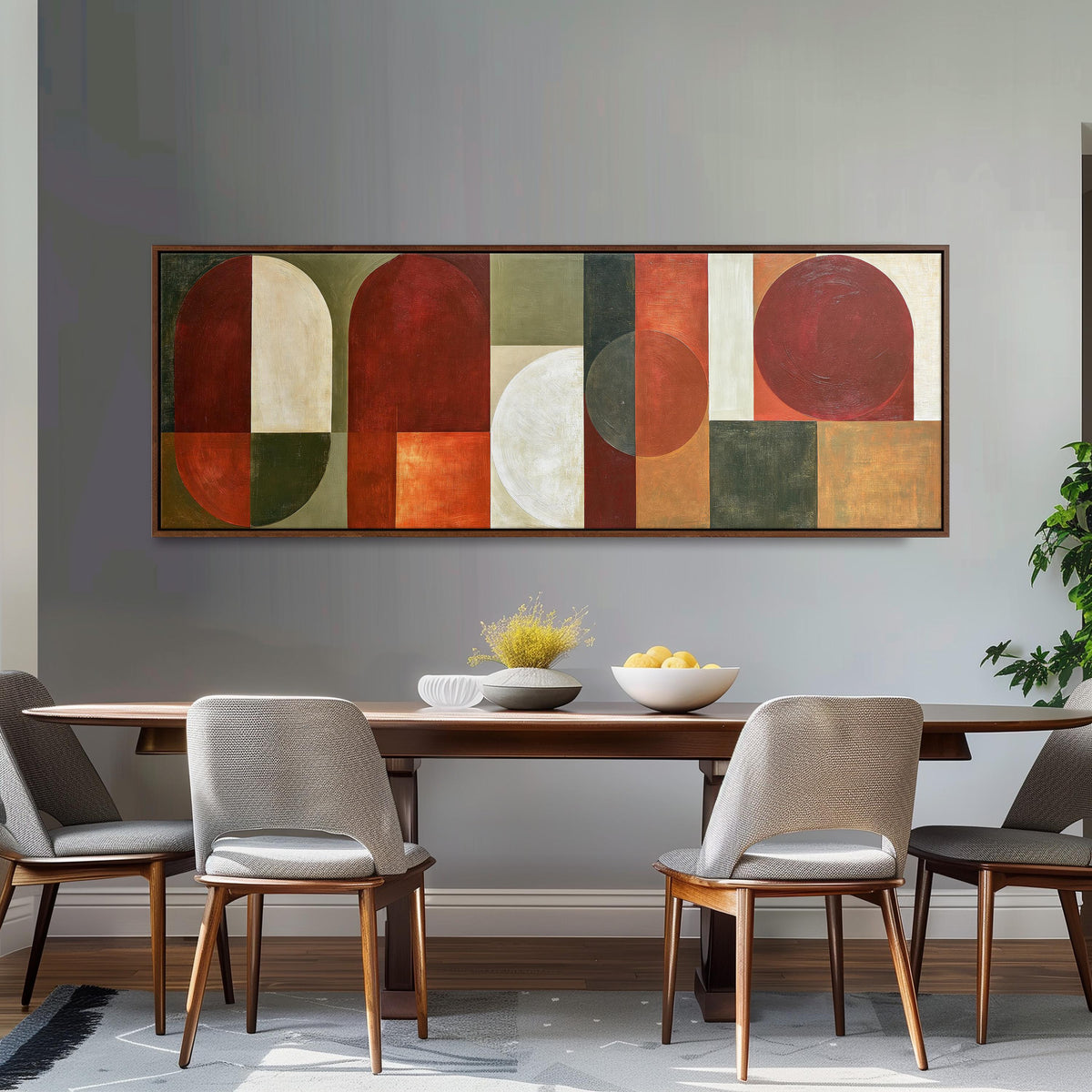 Maroon and olive geometric arches long horizontal canvas print above a dining table