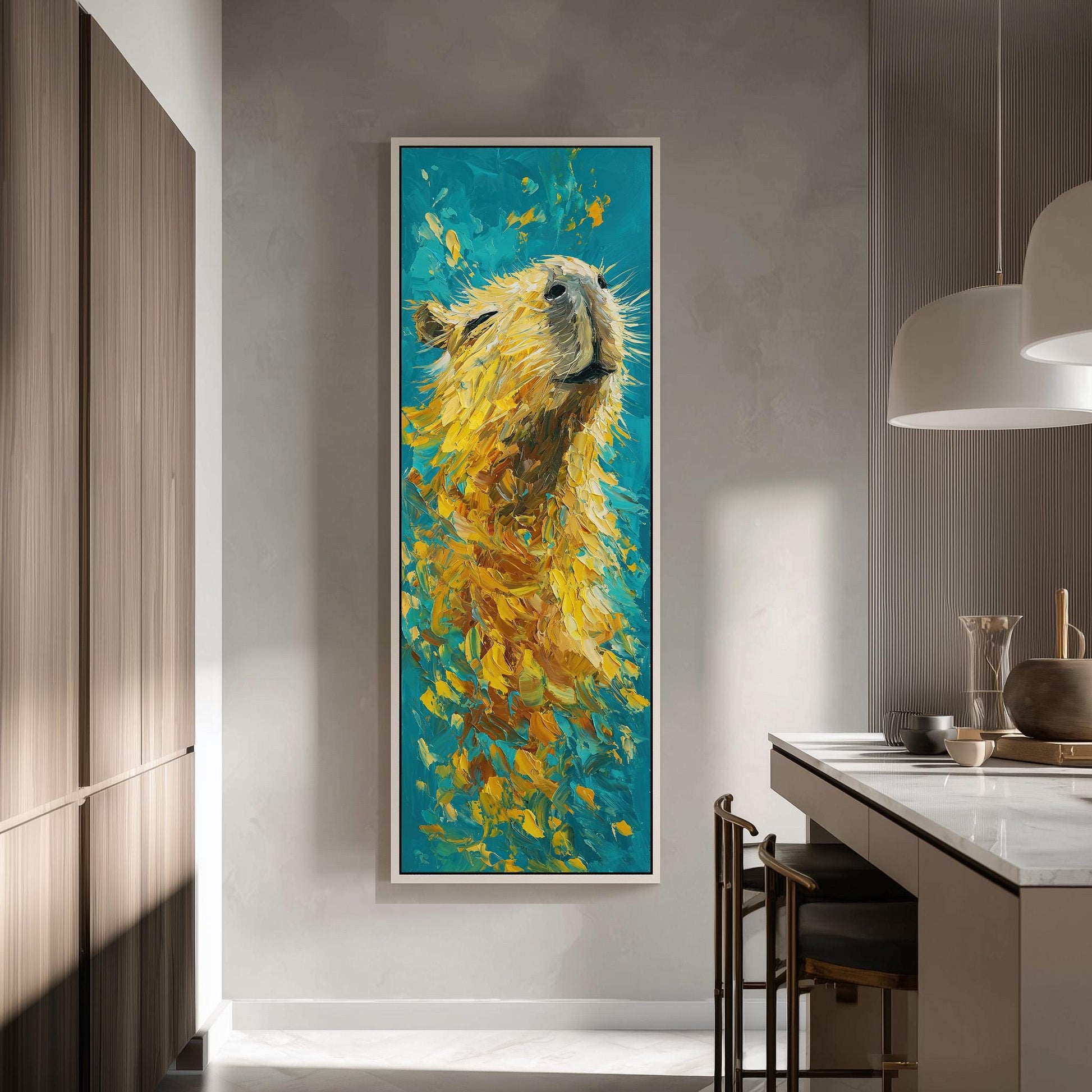 a large, vibrant painting of a yellow and blue animal, possibly a bird or a fish, hanging on a wall in a modern kitchen.