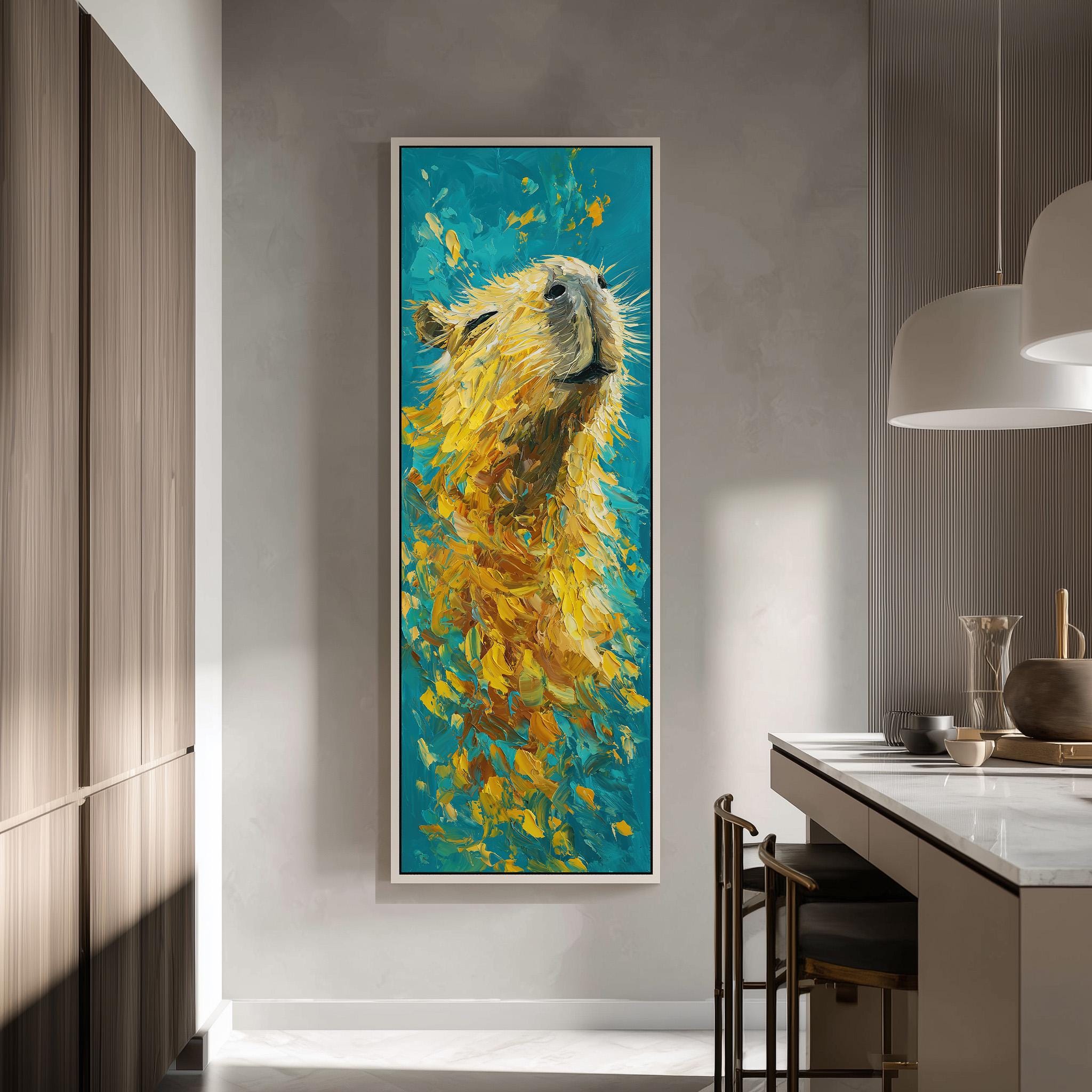 a large, vibrant painting of a yellow and blue animal, possibly a bird or a fish, hanging on a wall in a modern kitchen.