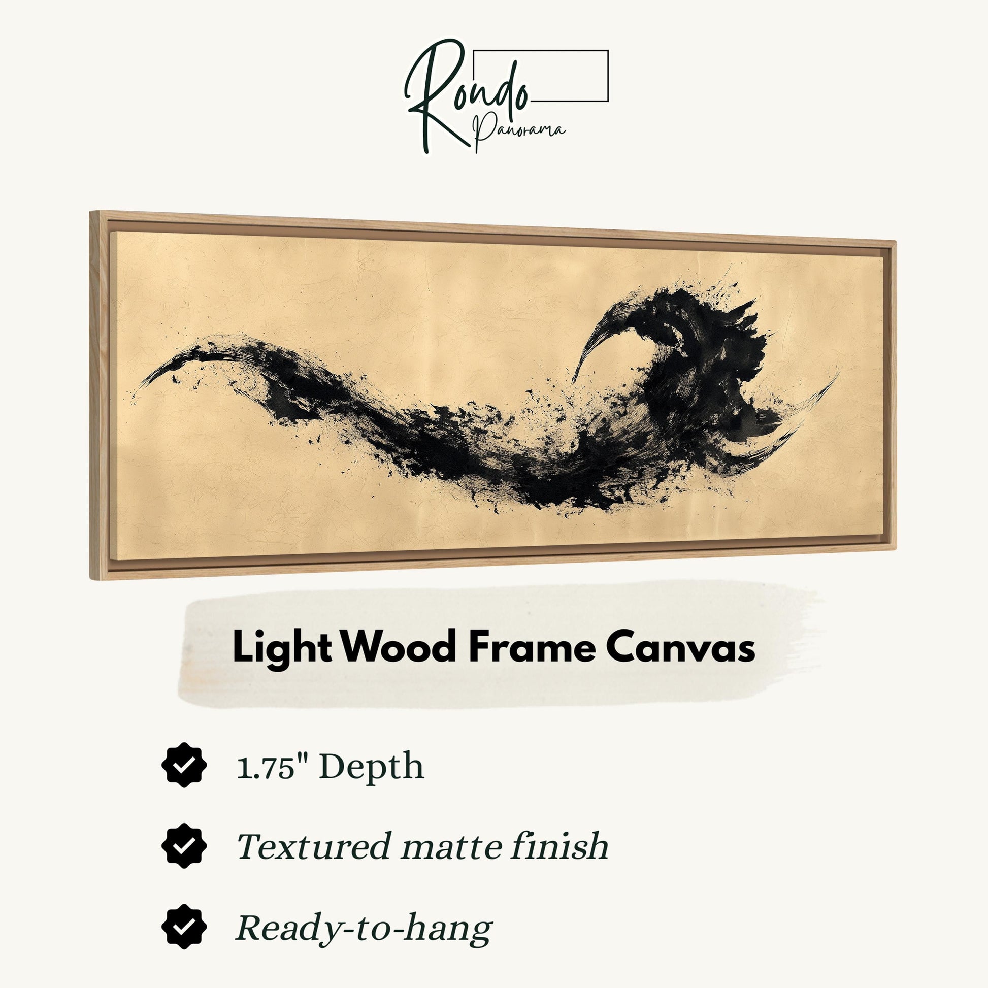 a light wood frame canvas with a black abstract artwork on it.