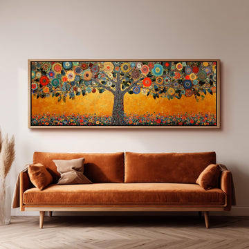 a large, colorful painting of a tree with a vibrant, intricate design of flowers and leaves adorning its branches. The painting is displayed on a wall above a brown sofa, creating a striking and visually appealing focal point in the room.