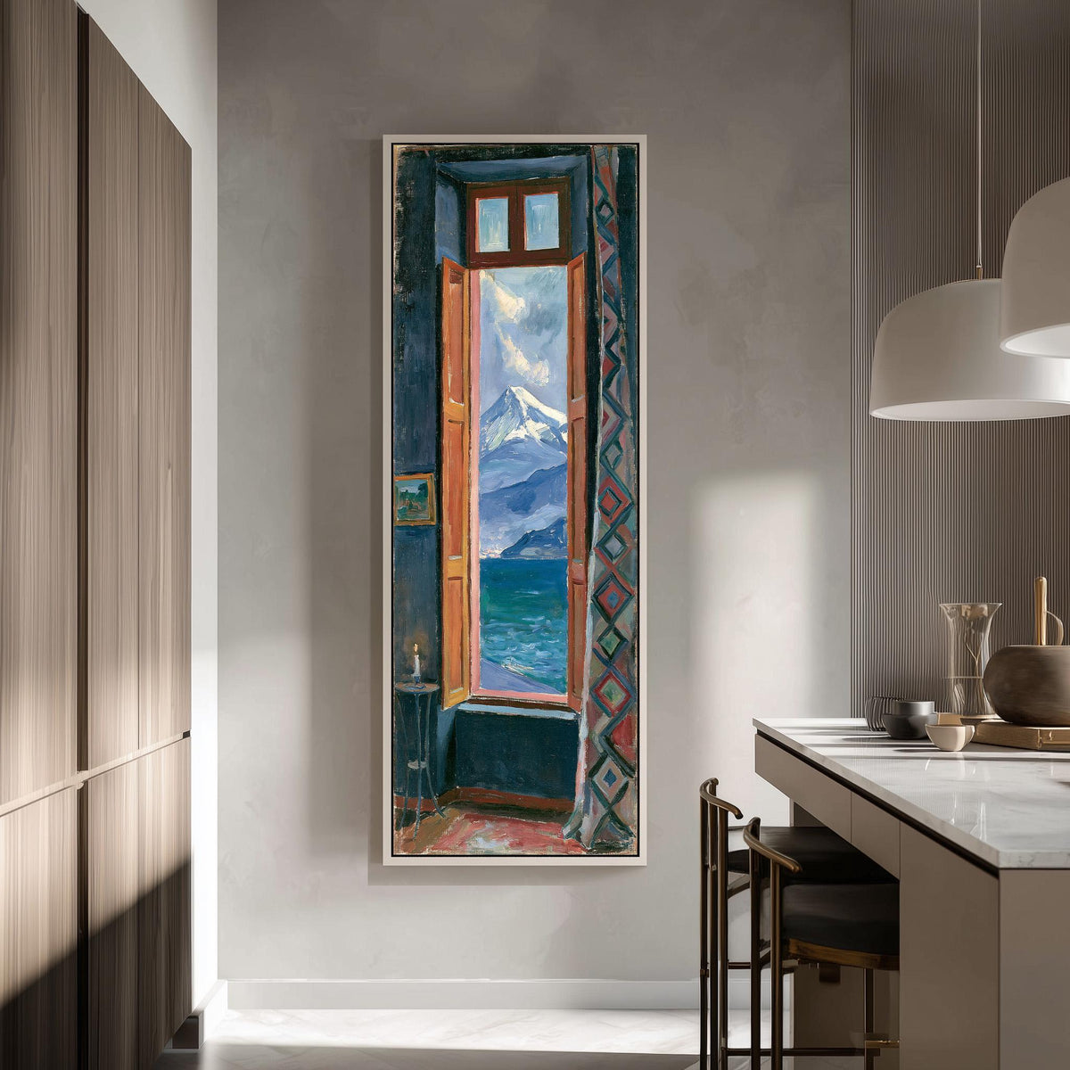 Snowy mountain and sea seen through a tall window tall skinny canvas print in a modern kitchen