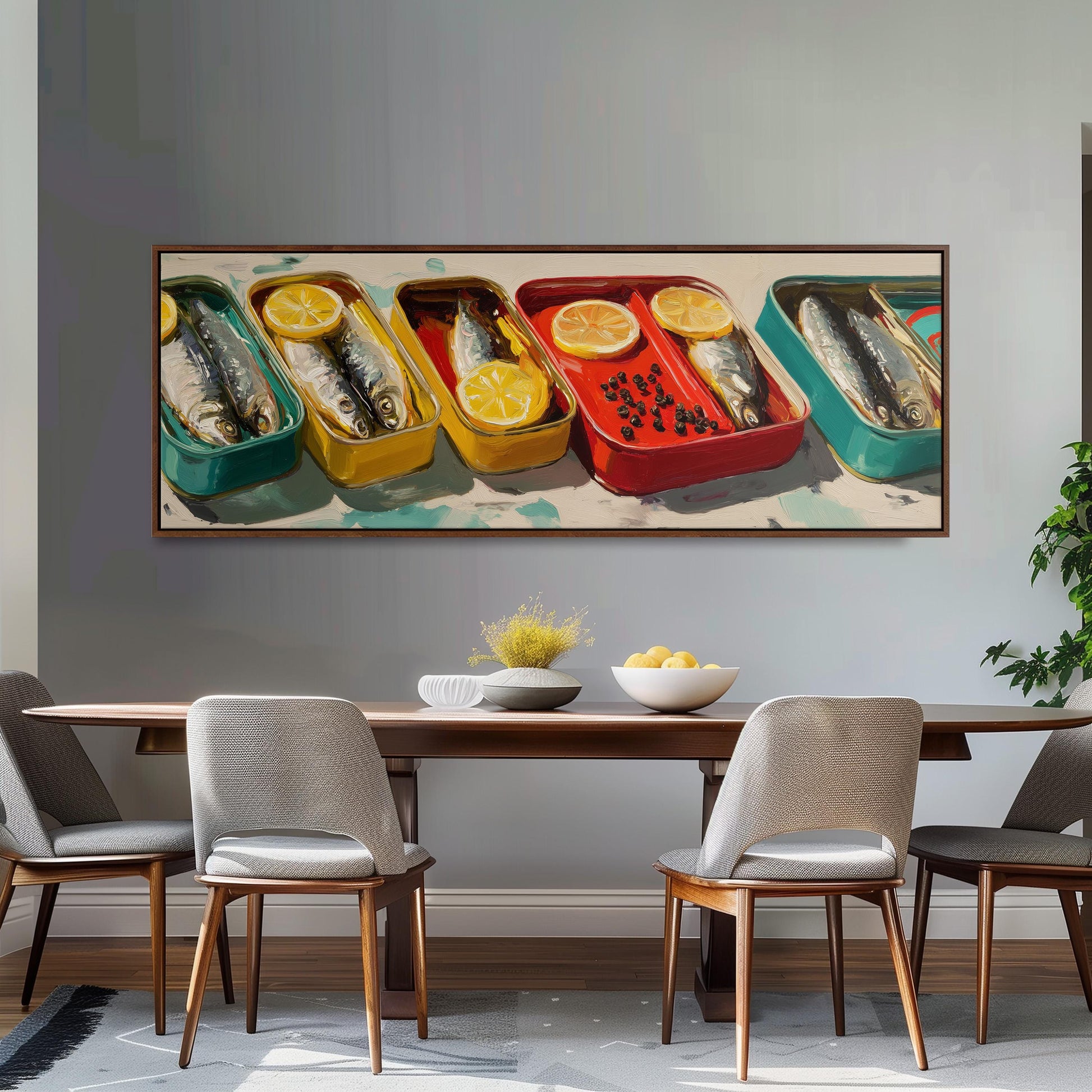 a dining room with a large painting of fish displayed on the wall above a wooden table with four chairs.