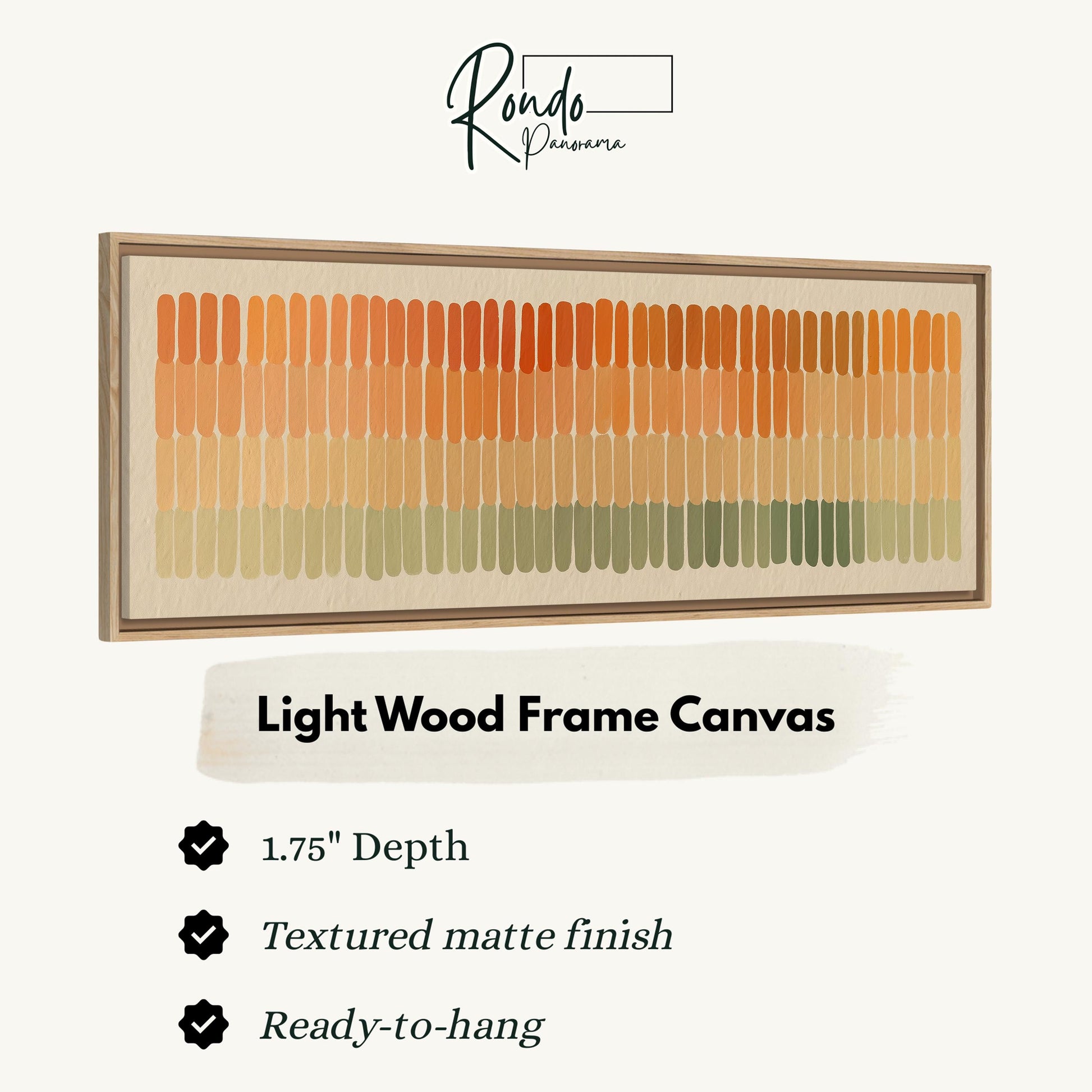 a light wood frame canvas with a gradient of colors, including shades of orange, green, and yellow. The frame has a 1.75" depth and is textured with a matte finish. It is ready to hang and is described as a "Light Wood Frame Canvas".