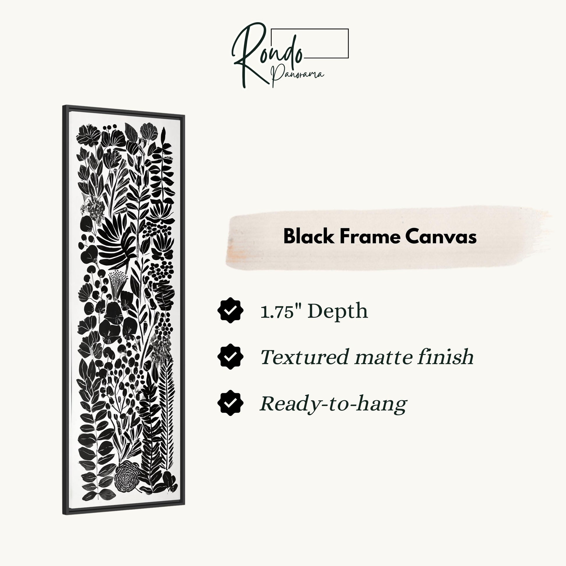 The image is a product advertisement for a black frame canvas. It features a black and white image of a floral pattern on the left side, and provides details about the product on the right side.