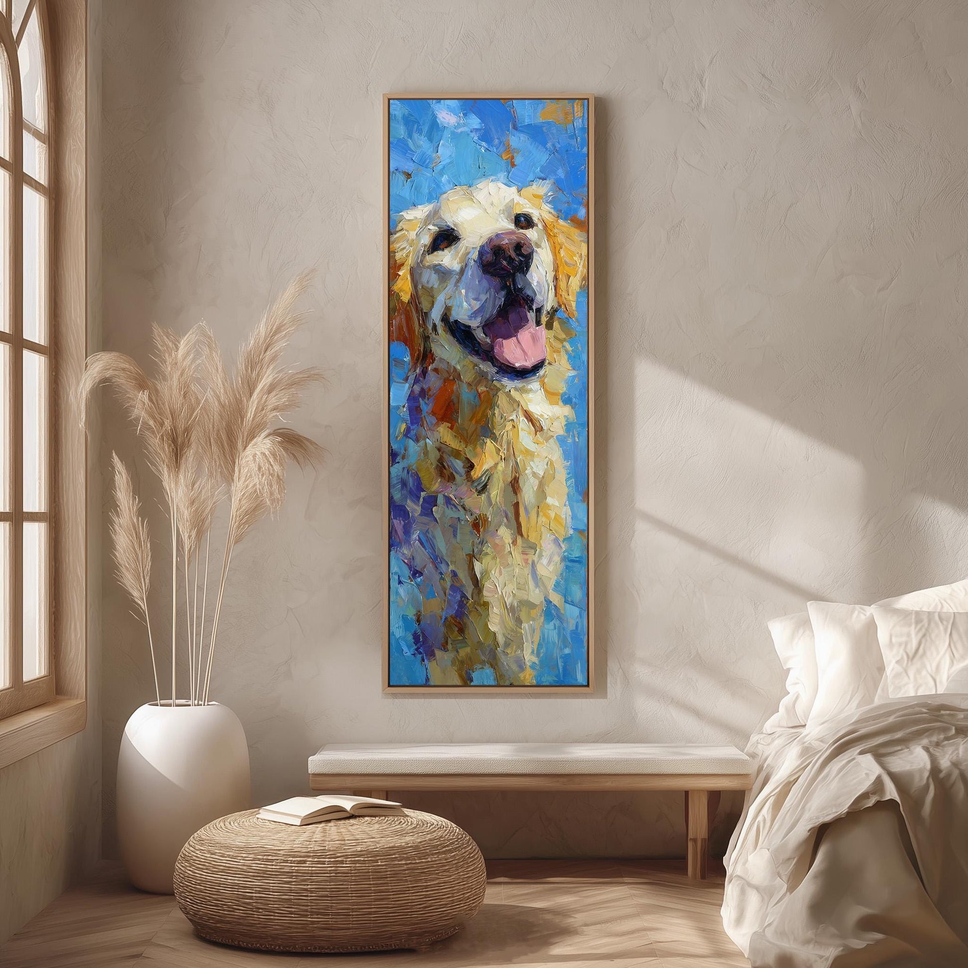 a large, colorful painting of a dog hanging on a wall in a room with a wooden floor and a white bed.