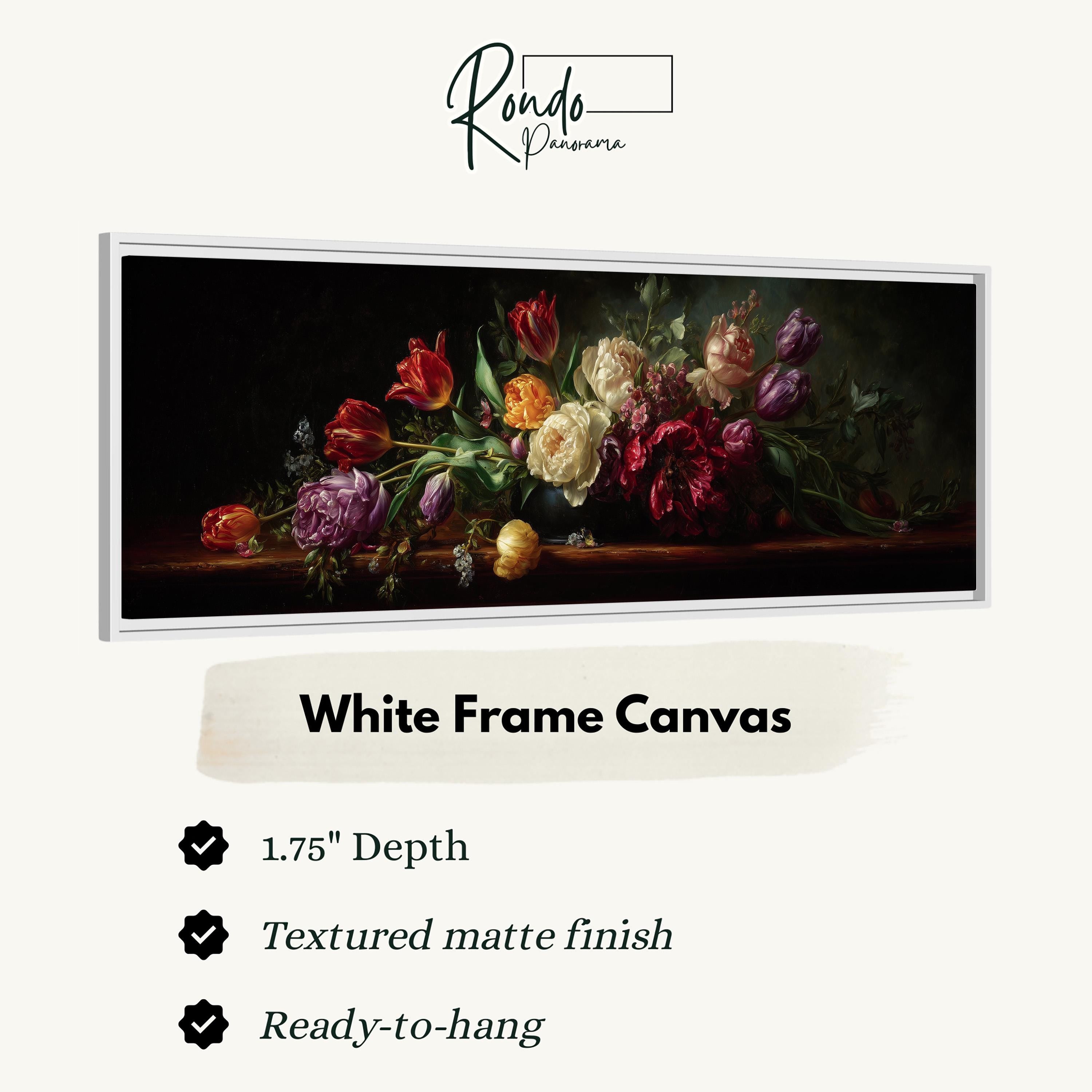 The image is a framed artwork depicting a bouquet of colorful flowers, including red, pink, yellow, and purple blooms, arranged on a wooden surface.