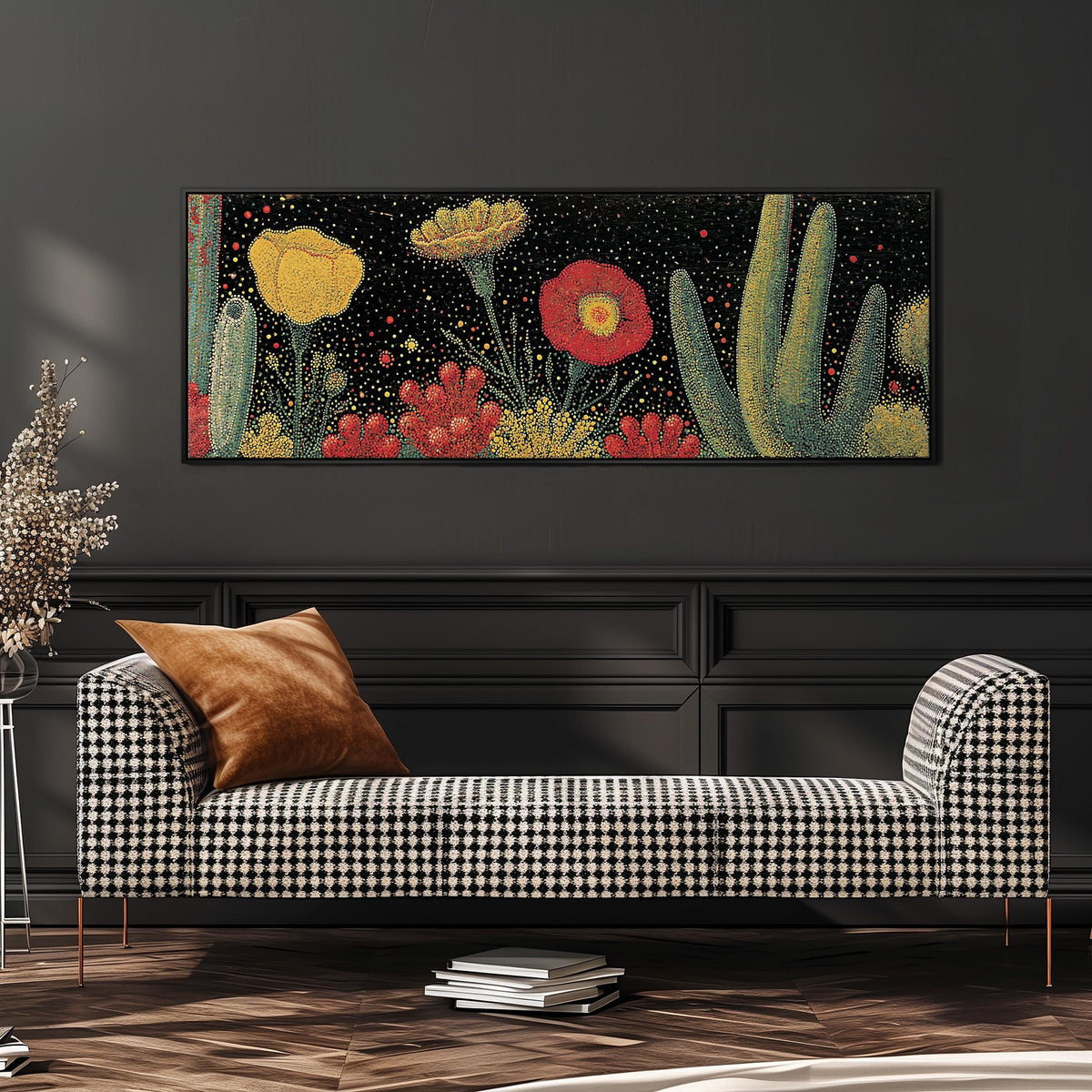 Desert blooms and cacti on black long horizontal canvas print above a sofa in a living room