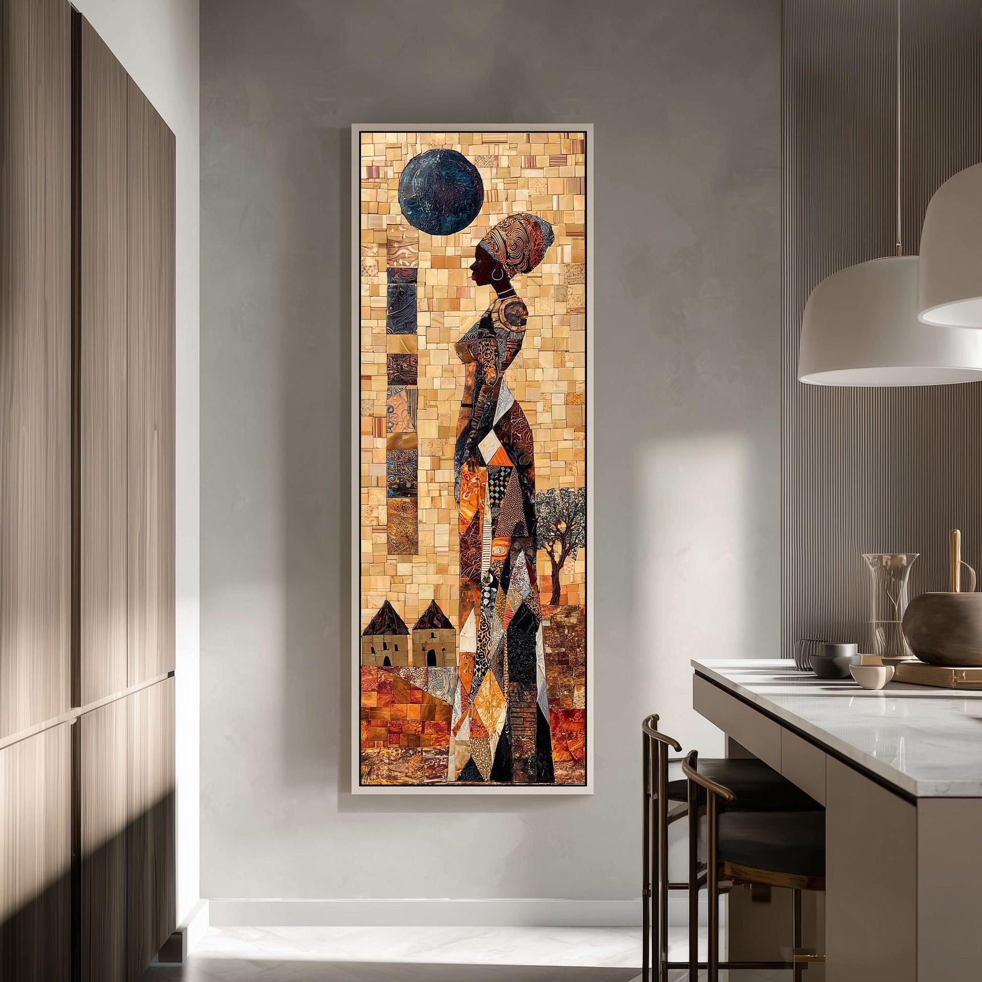 a large, colorful mosaic artwork depicting a woman standing in front of a cityscape. The artwork is mounted on a wall in a modern, minimalist-style room.