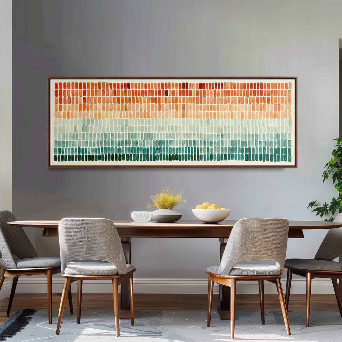 Brushmarks fading from orange to teal long horizontal canvas print above a dining table